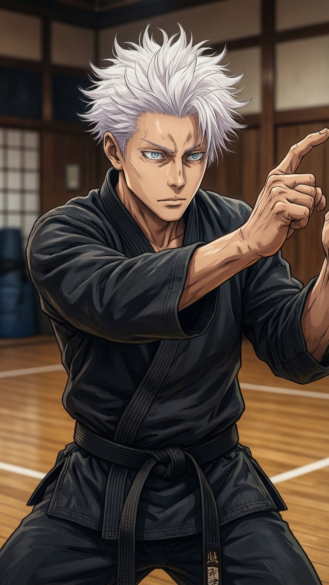 Martial Master 壁紙 — 一個白色尖刺頭髮的動漫武術家，身穿黑色道服，在木製道場中用銳利的藍色眼睛向前指。
