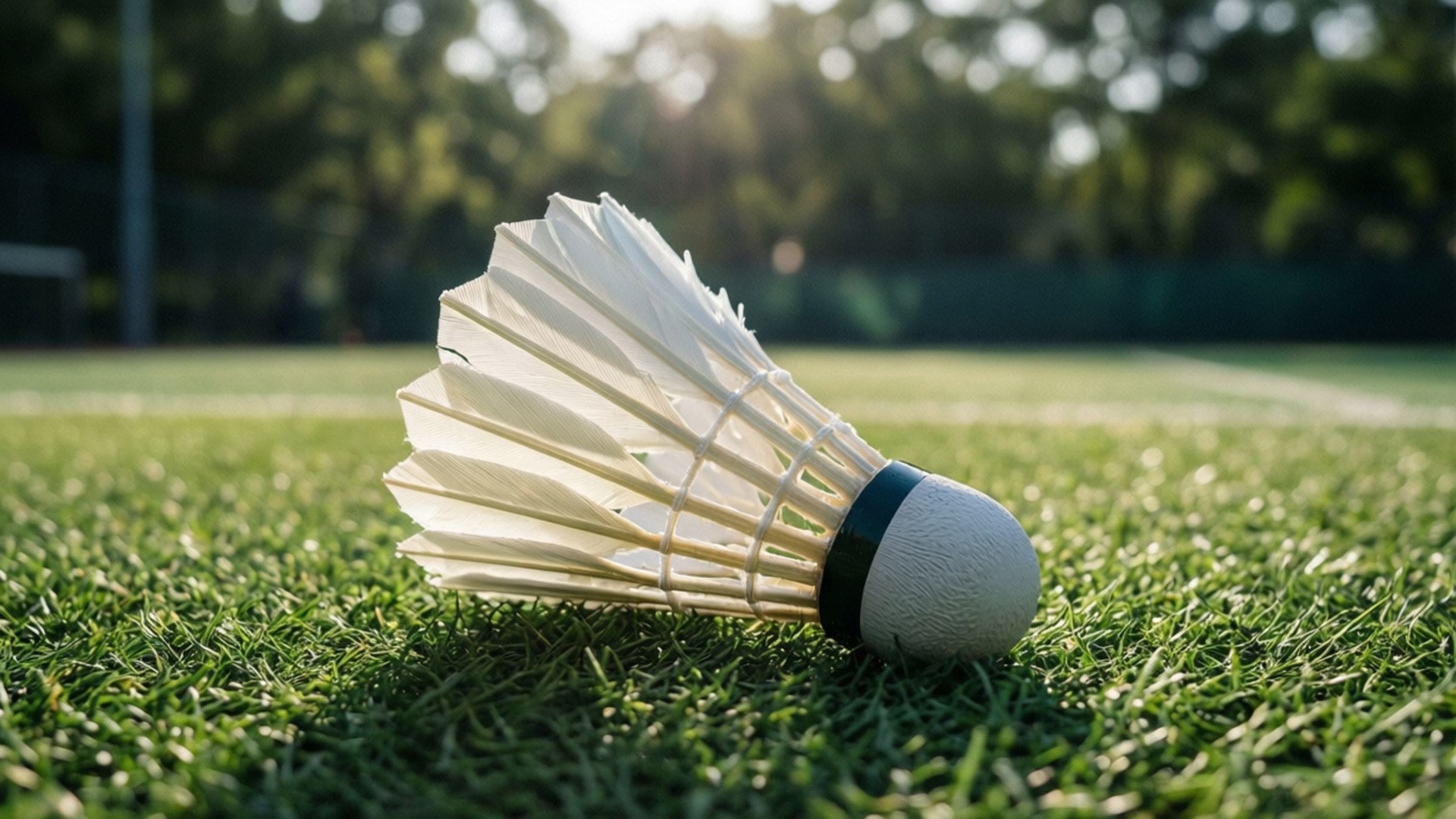 Shuttlecock on Grass 壁紙 — 一個白色羽毛球在鮮綠色草地上休息，背景有陽光穿過樹木。