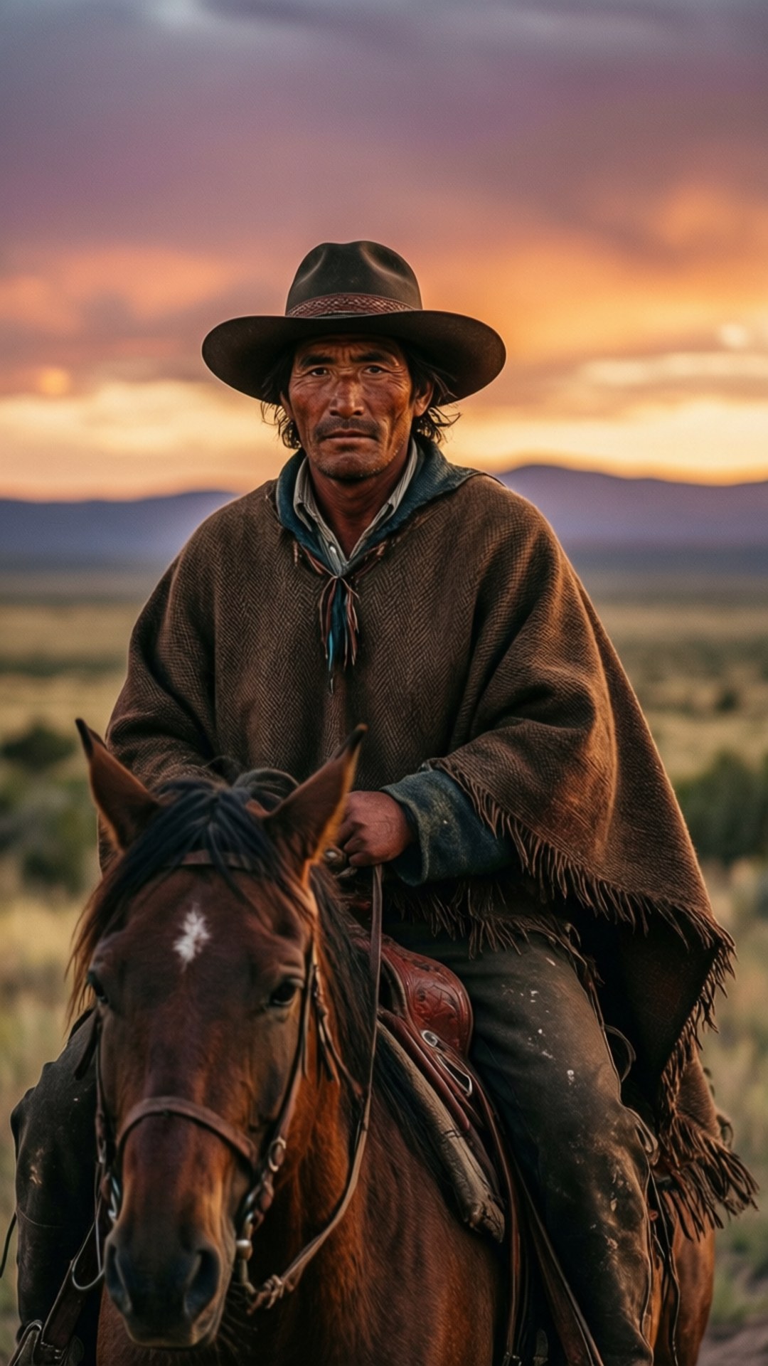 Gaucho Portrait 壁紙 — 一個飽經風霜的牛仔，身穿棕色斗篷，頭戴寬邊帽，騎著一匹深棕色的馬，背景是遠山之上 vibrant 的日落。