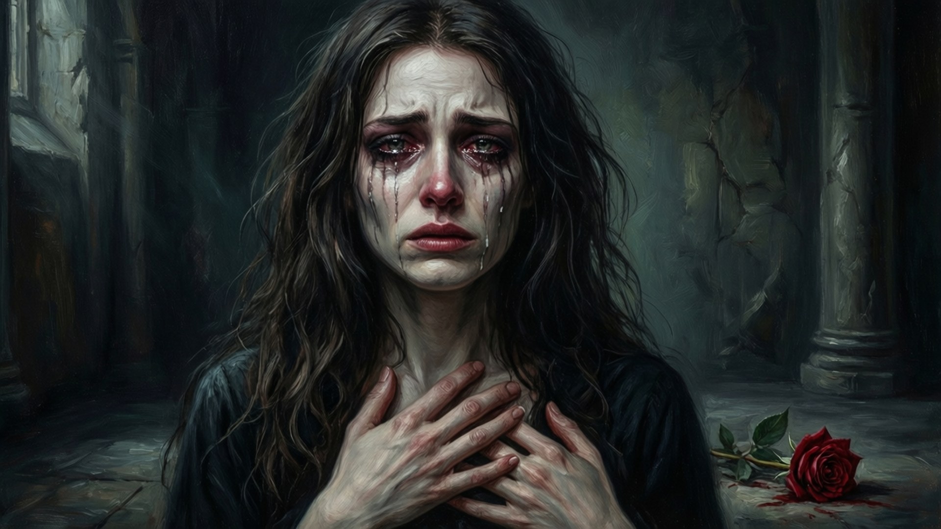 In Pain 桌布 壁紙 — 一個悲傷的女人，臉上滿是淚痕，在昏暗的石頭走廊裡，旁邊有一朵紅玫瑰，緊緊抓住胸口。