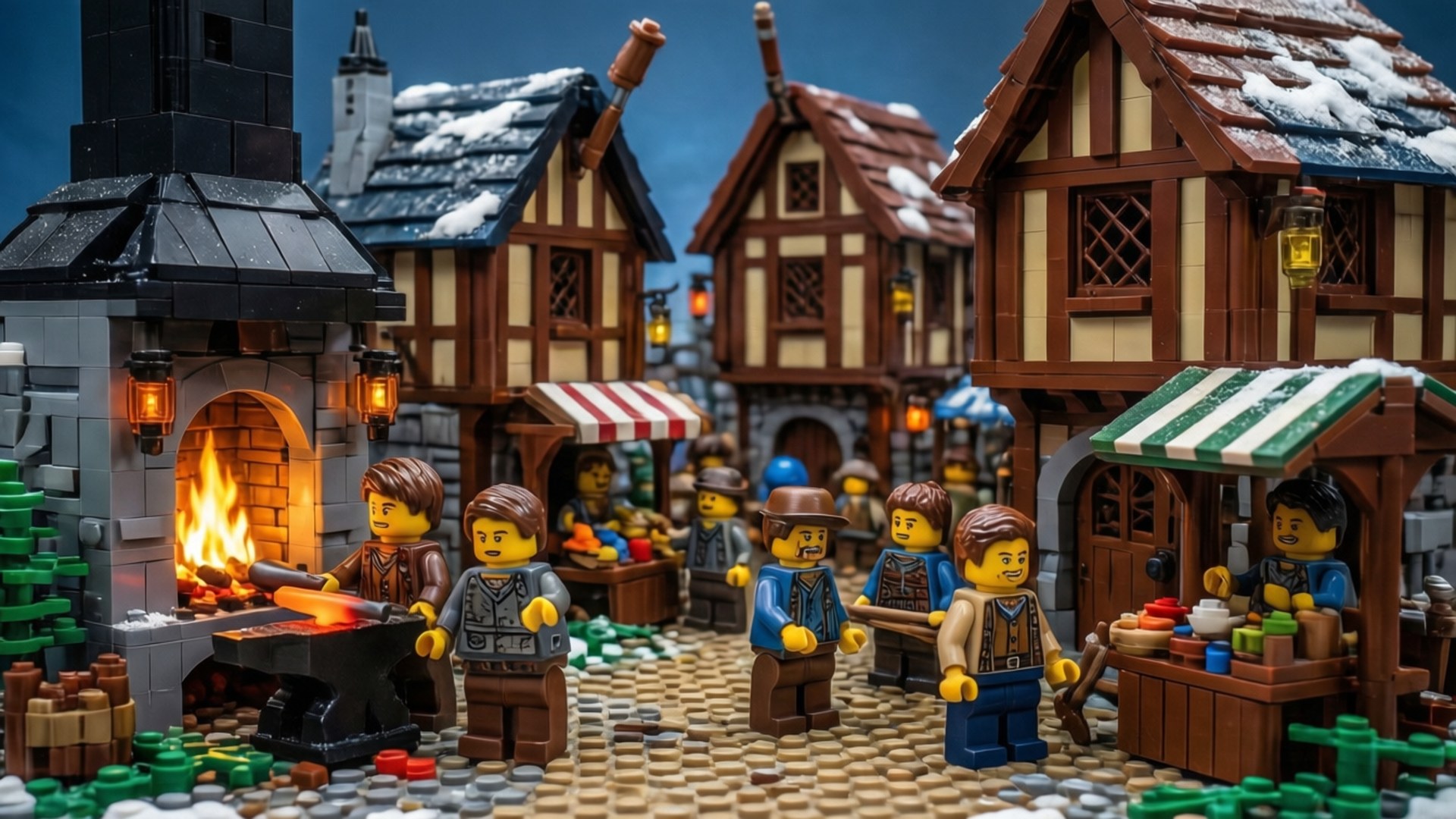 Lego Medieval Village 壁紙 — 一個被雪覆蓋的LEGO中世紀村莊場景，村民聚集在發光的熔爐和市場攤位周圍。