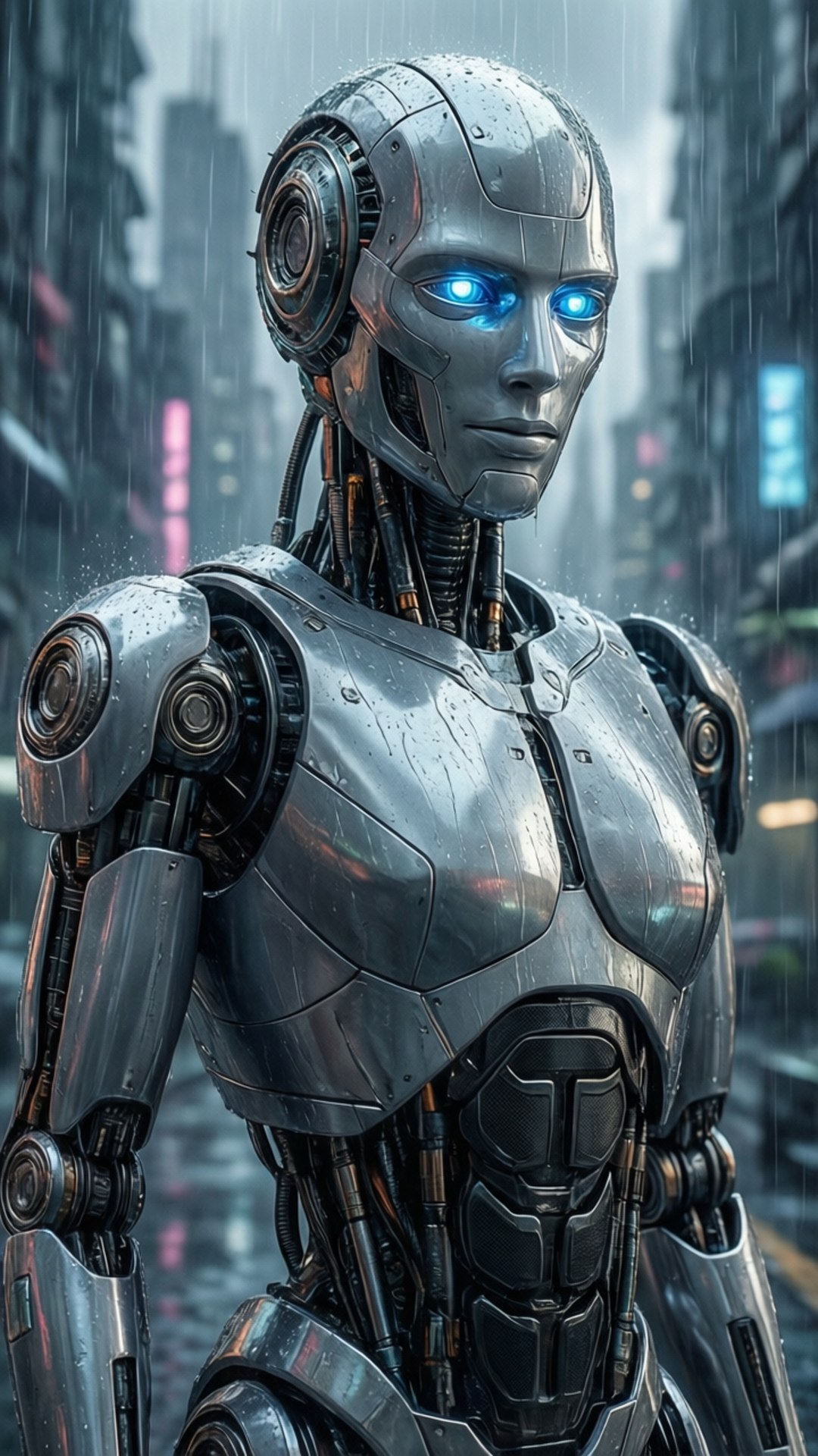 Gray Robot Cyberpunk 壁紙 — 一個被雨水淋濕的鉻合金機器人，擁有發光的藍色眼睛，站在充滿霓虹燈的賽博龐克城市景觀中。