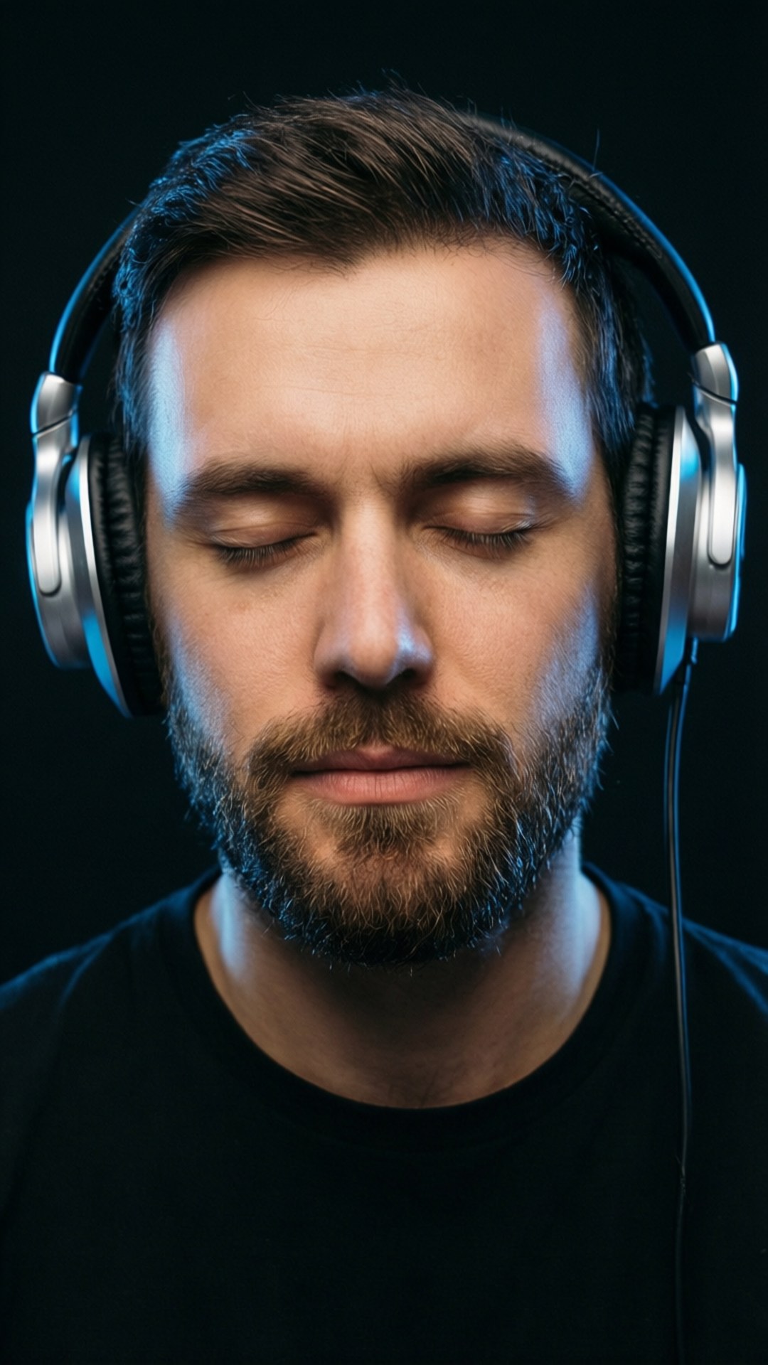 Immersed DJ Portrait 壁紙 — 一個閉著眼睛、留鬍鬚的男人，在深色背景上戴著大銀色耳機。