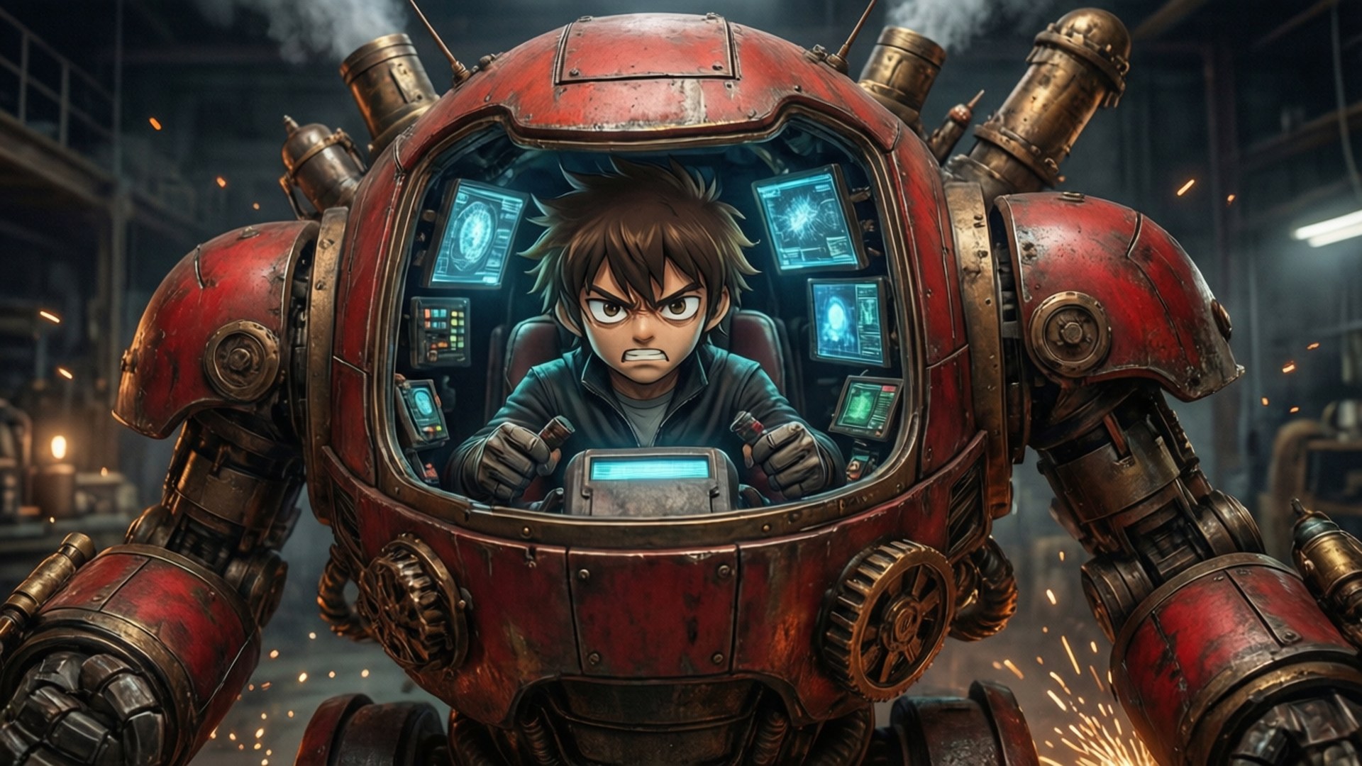 Tord's Giant Robot 壁紙 — 一個表情憤怒的男孩在煙霧瀰漫的工業環境中駕駛一架大型紅色裝甲機甲。