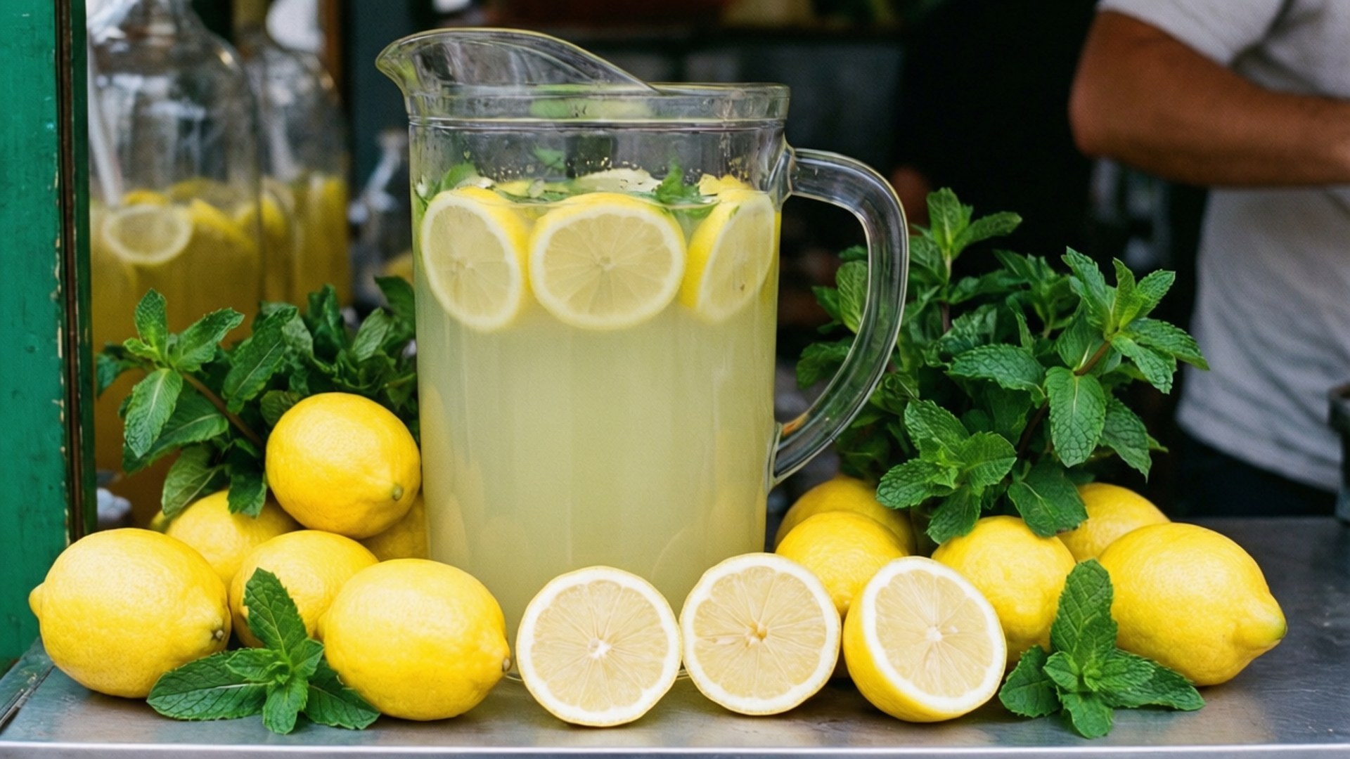 Fresh Lemonade Stand 壁紙 — 一個玻璃壺裝滿檸檬水和檸檬片，周圍環繞著整個和半個檸檬以及新鮮薄荷葉。