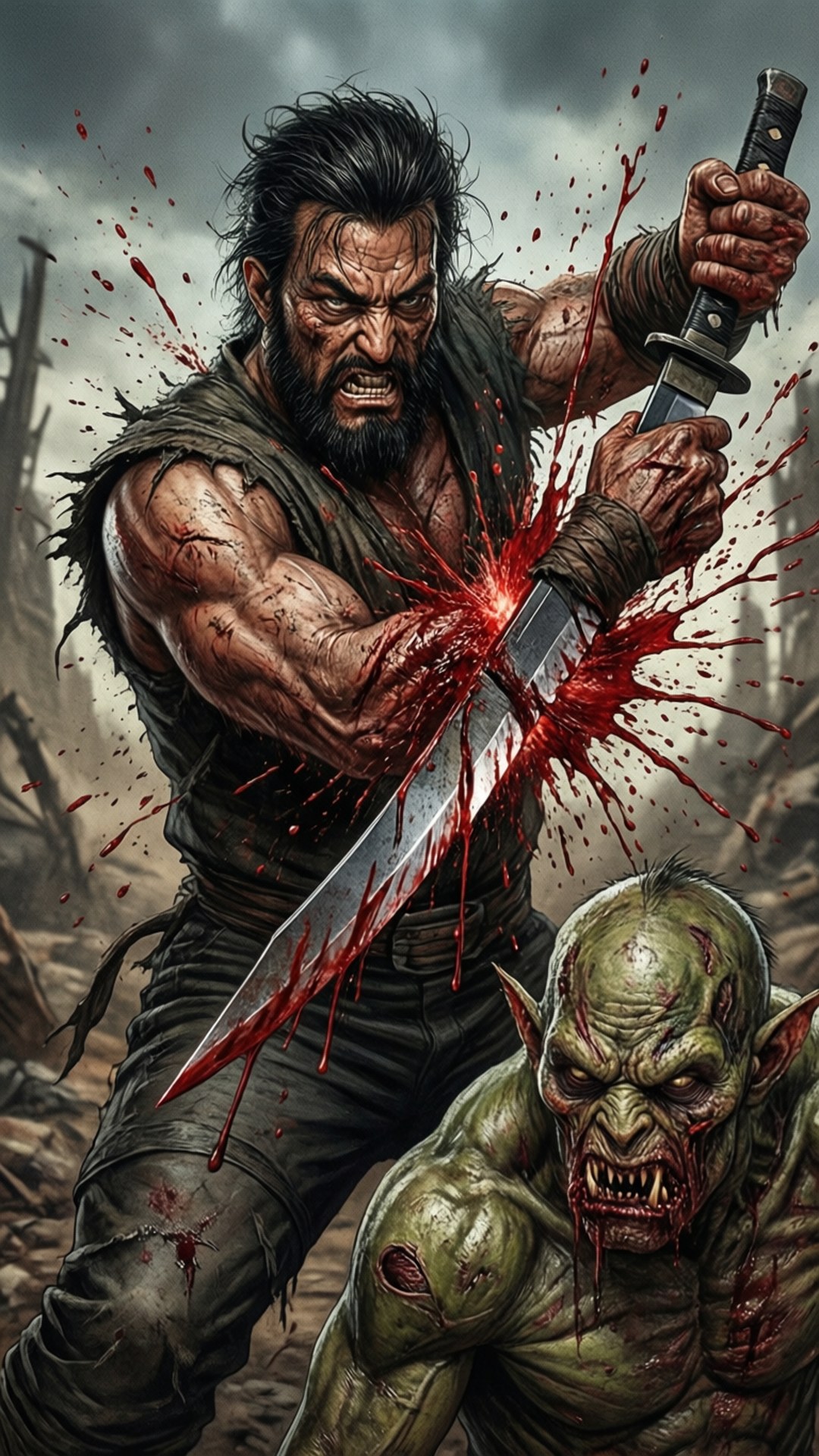Mortal Kombat Fatality 桌布 壁紙 — 一個殘酷的戰士在骯髒的戰場上用沾滿鮮血的劍砍殺一個綠色皮膚的獸人。