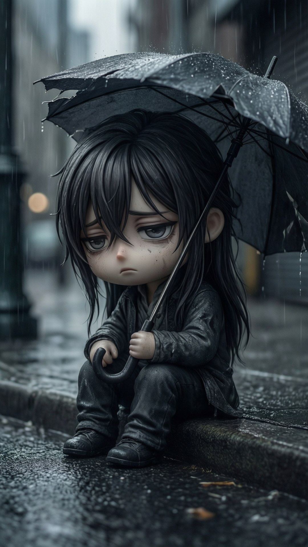 Rainy Day Blues 壁紙 — 一個長黑髮的Q版動漫女孩坐在濕漉漉的人行道上，拿著一把破爛的黑色雨傘，周圍下著雨。