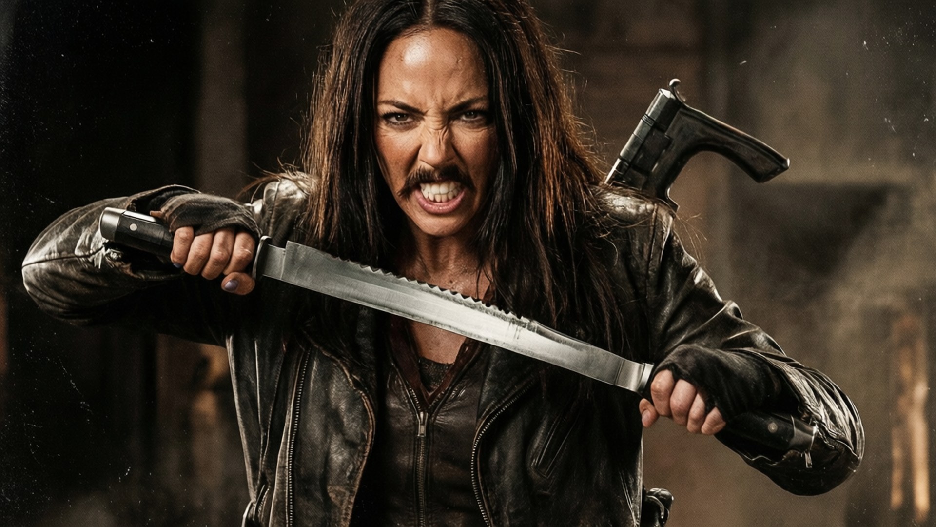 Machete Warrior 壁紙 — 一個長黑髮的兇猛女人在昏暗骯髒的環境中緊握鋸齒刀和手槍。