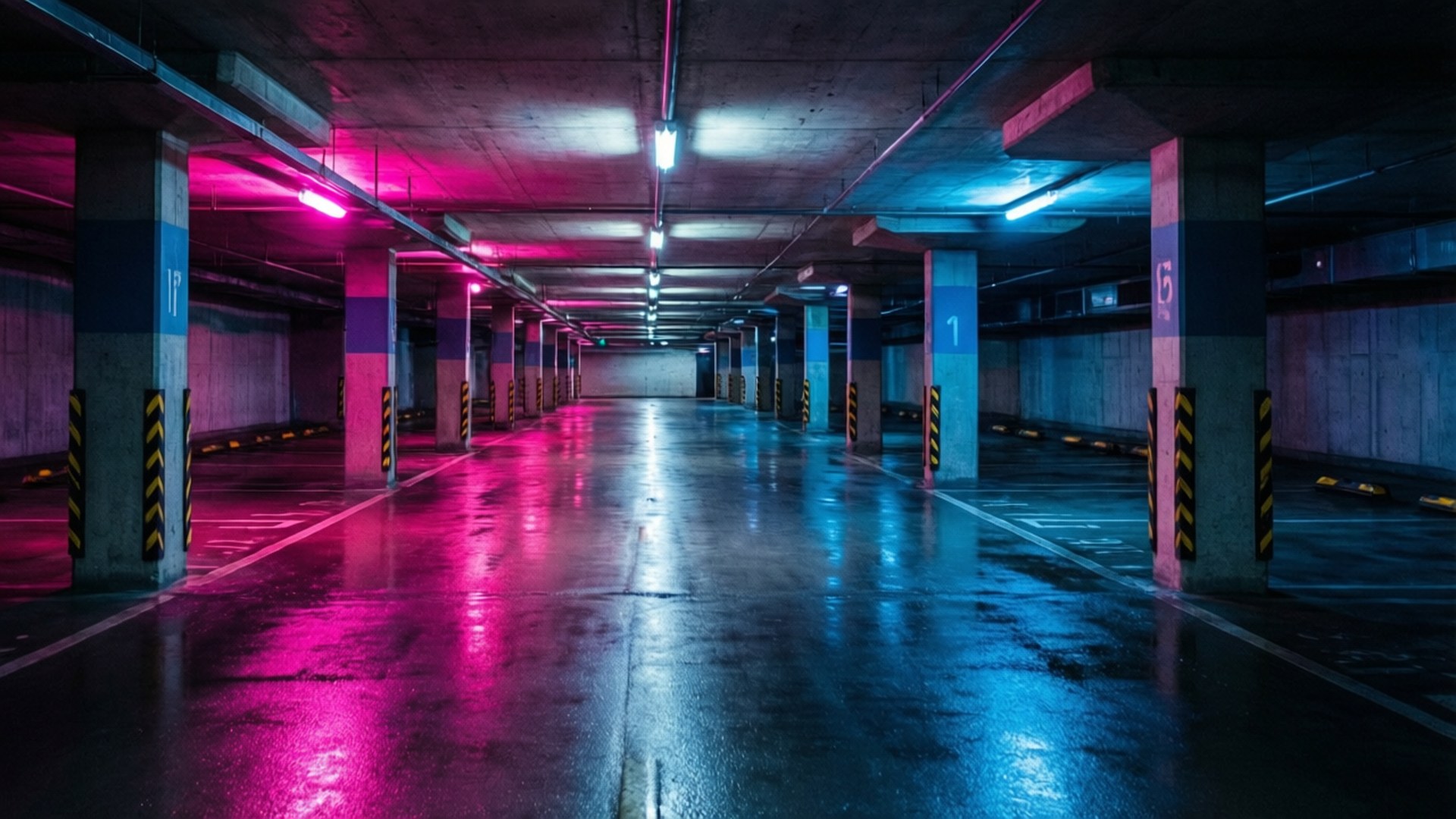 Neon Concrete Corridor 壁紙 — 一個潮濕的地下停車場，被鮮豔的粉紅色和藍色霓虹燈照亮，反射在光滑的地板上。