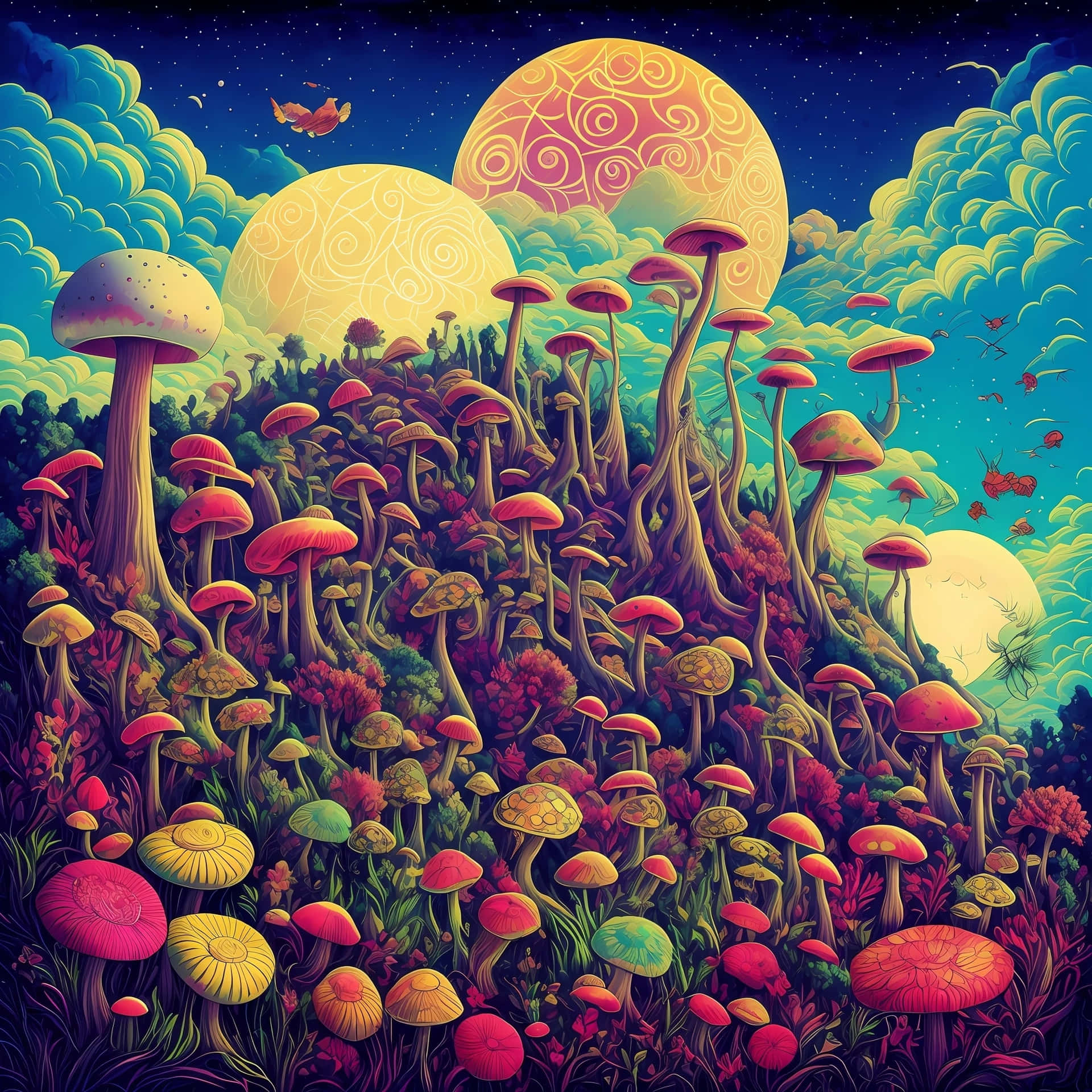  壁紙 — 一個超現實的森林，發光的蘑菇在星空下，有三個巨大的圖案月亮。