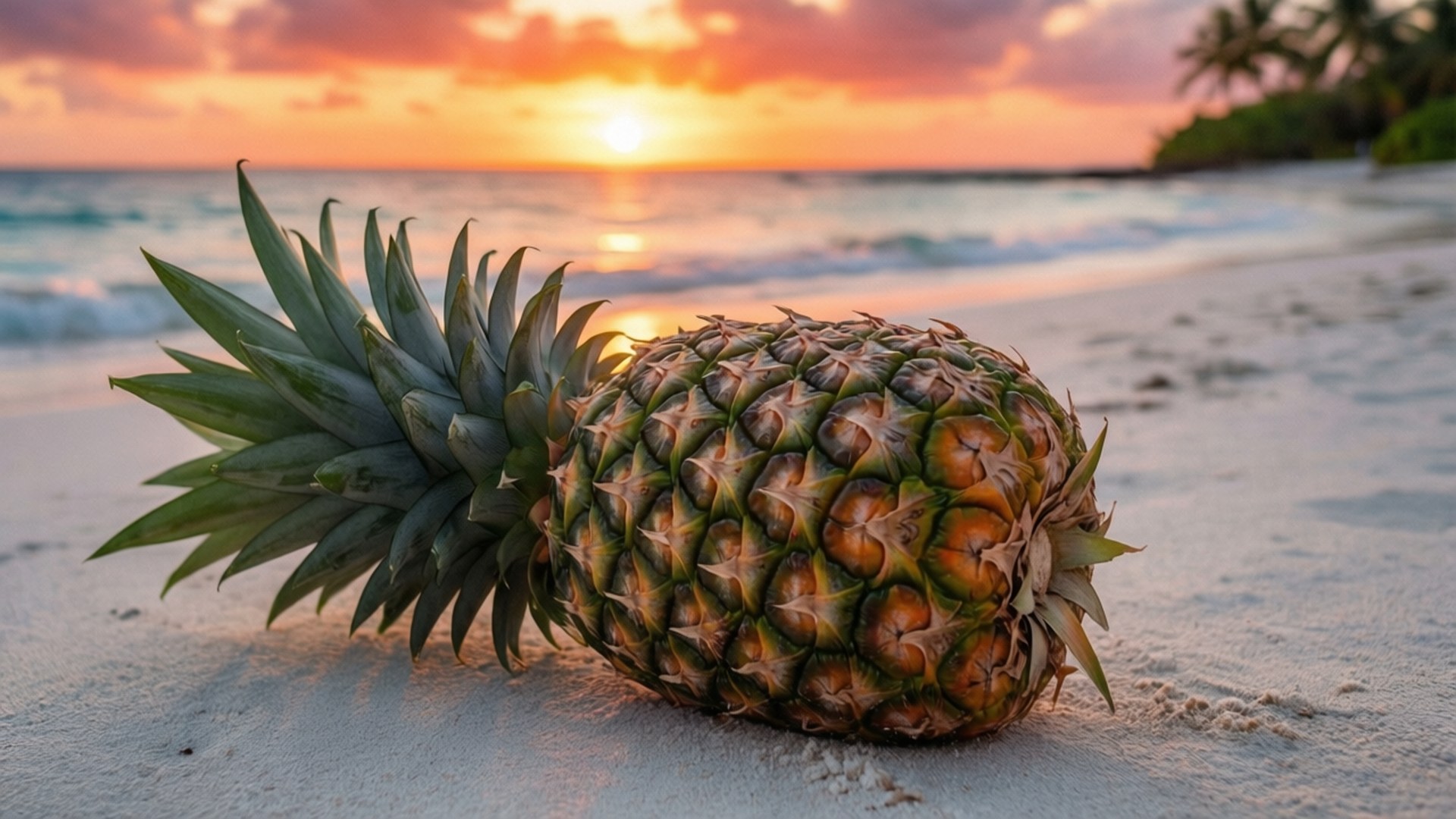 Tropical Sunset Pineapple 壁紙 — 一個成熟的鳳梨放在白色沙灘上，夕陽將天空染成橙色和粉紅色。