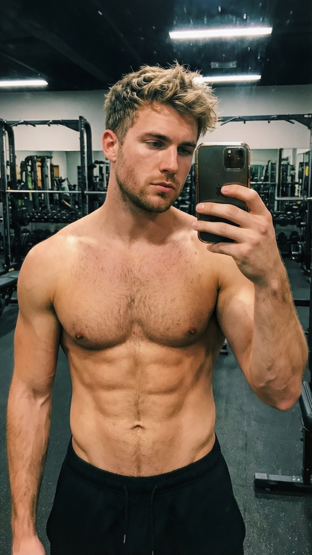 Gym Mirror Selfie 壁紙 — 一個赤膊的金髮肌肉男在健身房對著鏡子自拍，身後可見器材。