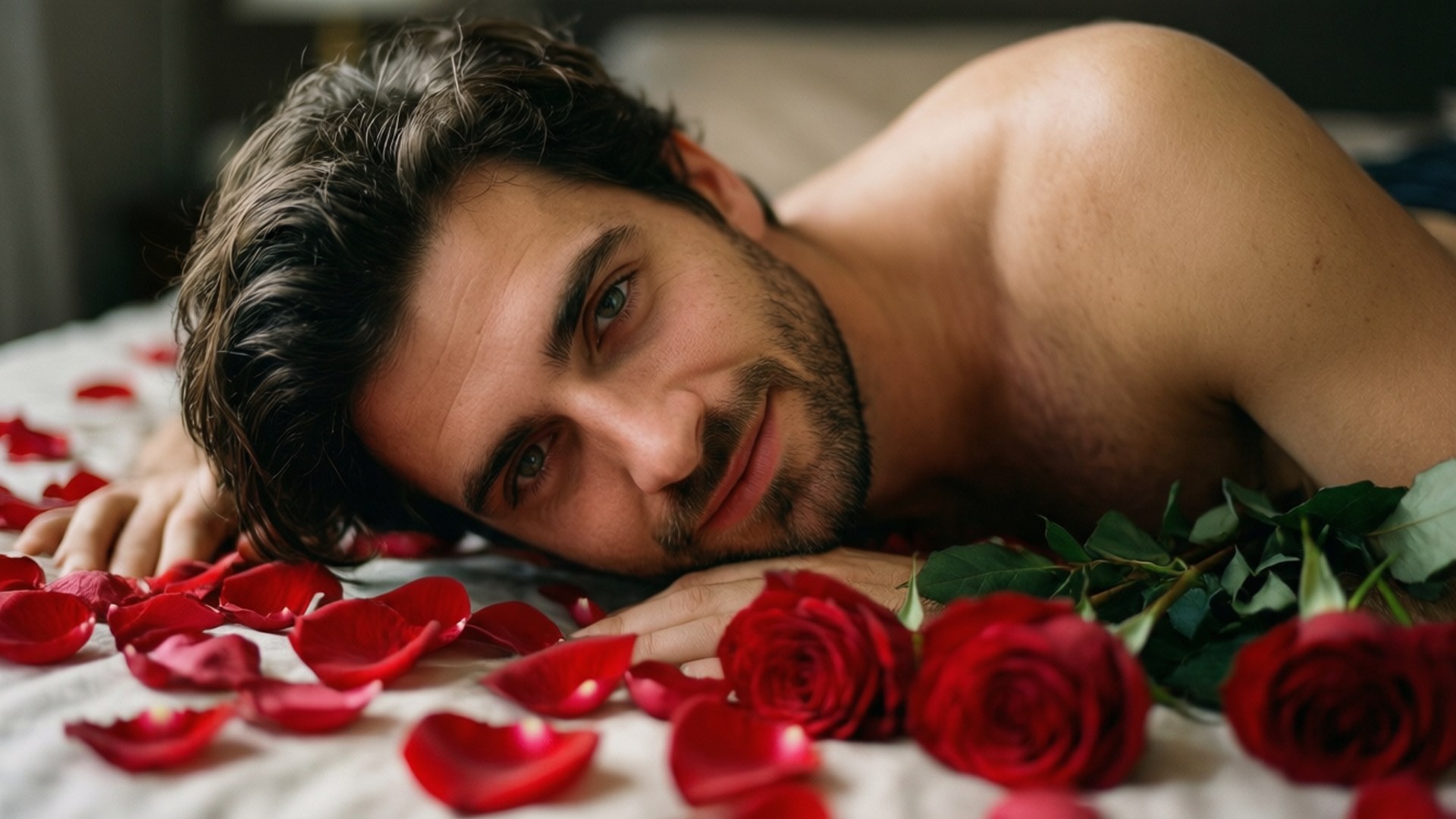 Romantic Rose Bed 壁紙 — 一個赤膊、深色頭髮和鬍鬚的男人躺在床上，周圍是鮮紅的玫瑰和散落的花瓣。