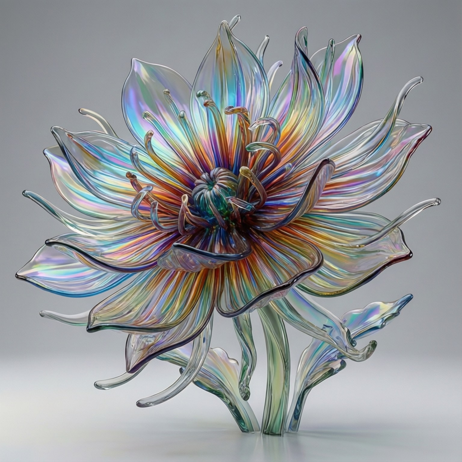 Glass Anemone Sculpture 壁紙 — 一個充滿活力的彩虹色玻璃雕塑，描繪一朵盛開的花朵，帶有流動的花瓣和彩色條紋，背景為中性灰色。
