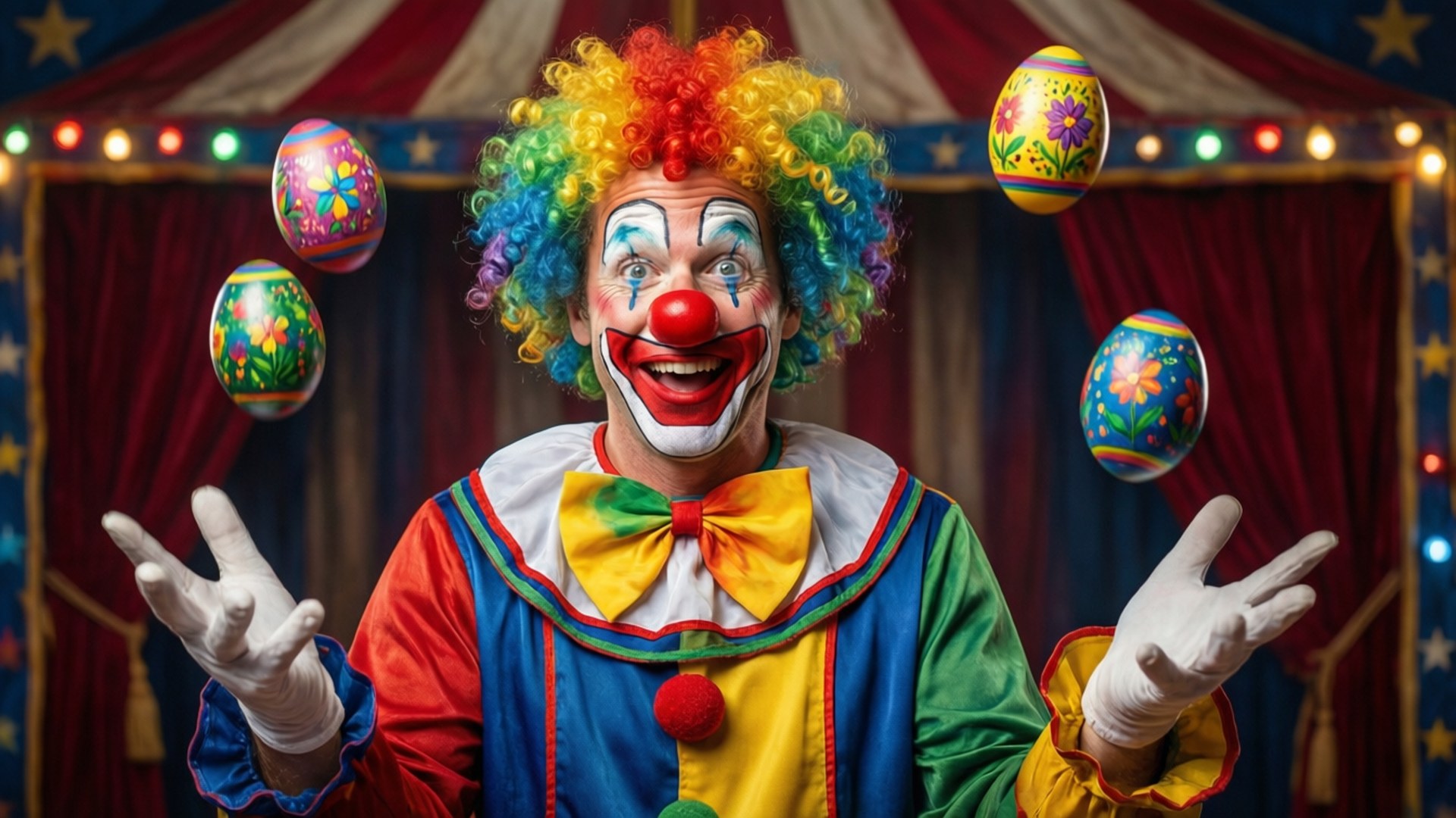 Clown Juggling Eggs 壁紙 — 一個充滿活力的彩虹頭髮小丑在紅色窗簾和燈串的馬戲帳篷下雜耍色彩繽紛的花卉蛋。