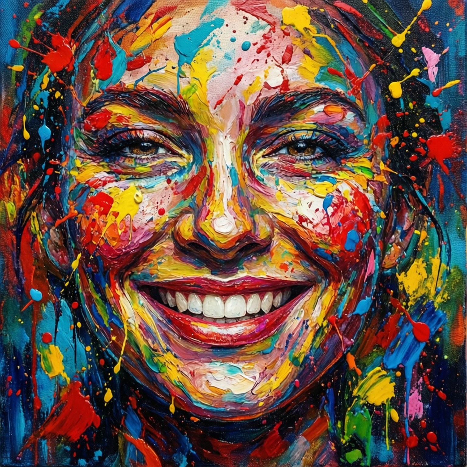 Abstract Smile Art 壁紙 — 一個充滿活力的抽象肖像，描繪一位微笑的女性，臉上和深色頭髮上有彩色顏料飛濺。