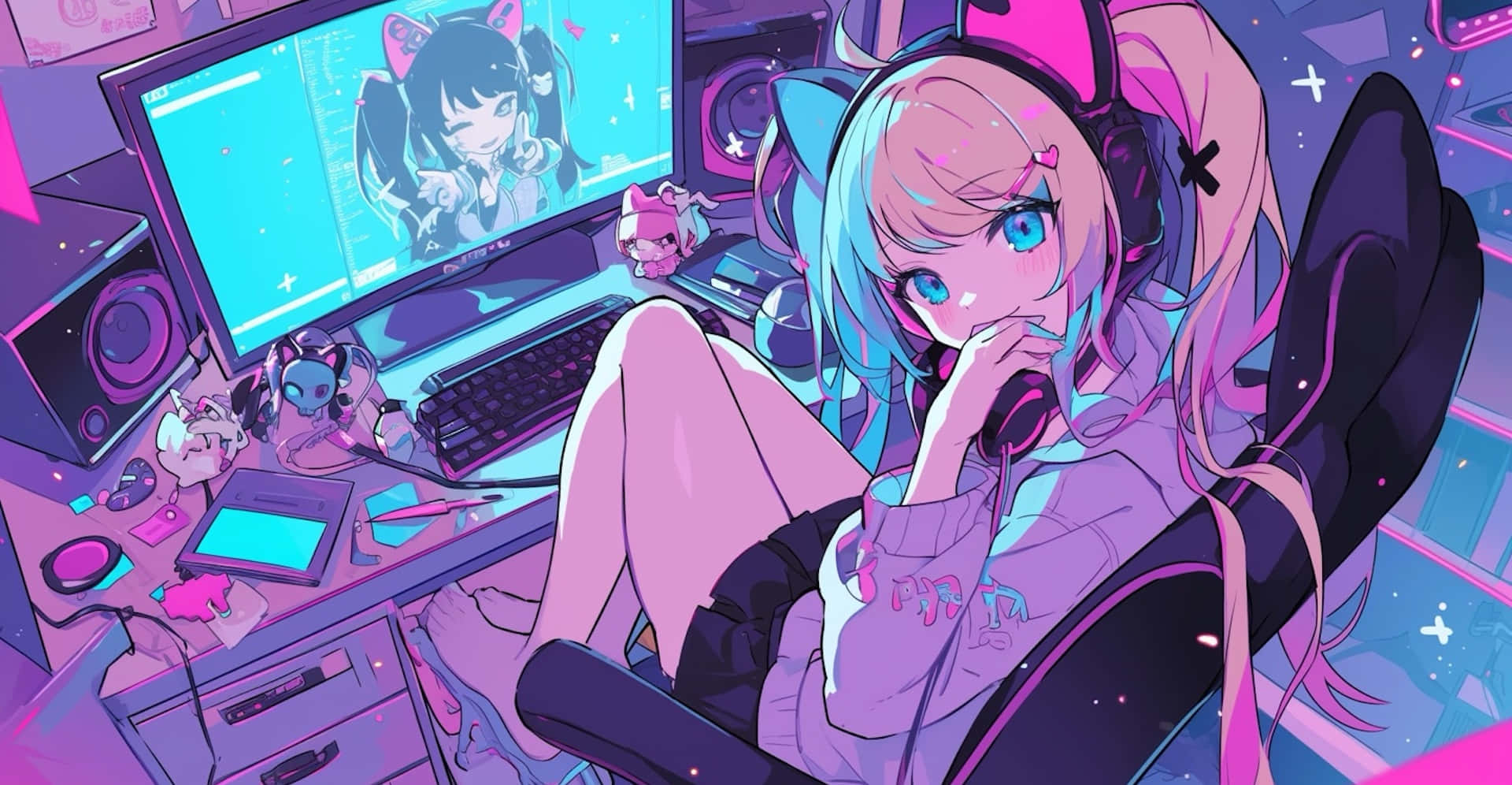 Needy Streamer Overload 桌布 壁紙 — 一個充滿活力的動漫女孩，藍色頭髮和貓耳朵，坐在電競椅上，周圍環繞著霓虹粉紅和紫色的科技裝備。
