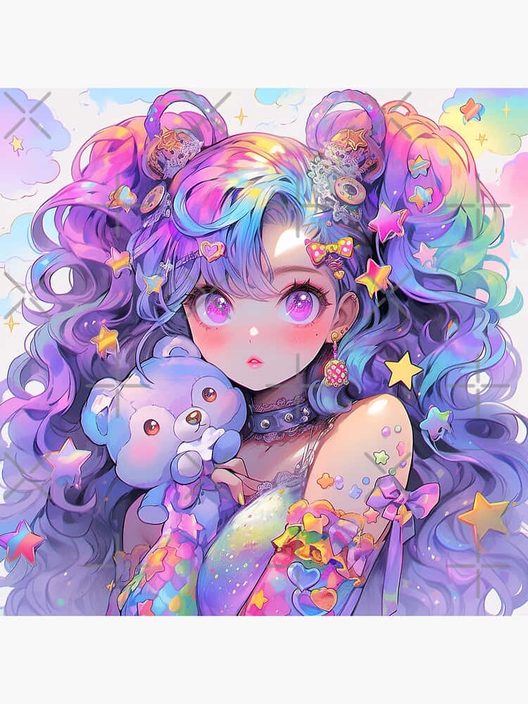  壁紙 — 一個充滿活力的動漫女孩，擁有彩虹色頭髮和星星飾品，在粉彩天空下抱著一隻毛絨熊。