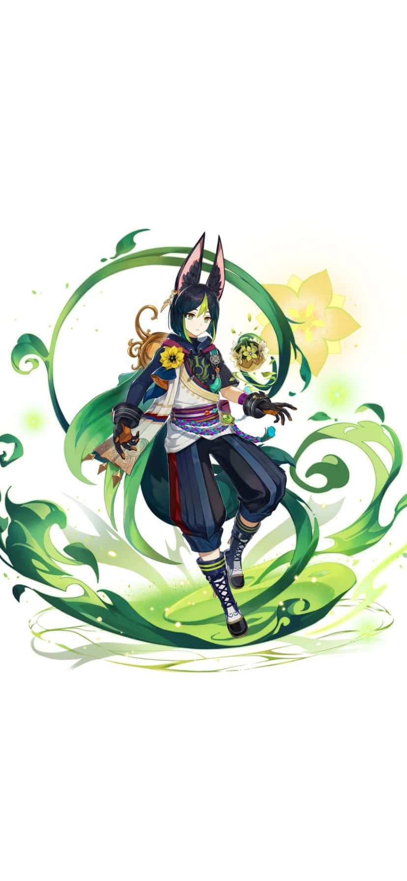  壁紙 — 一個充滿活力的動漫女孩，擁有狐狸耳朵和向日葵，站在旋轉的綠色能量中，擺出動態姿勢。