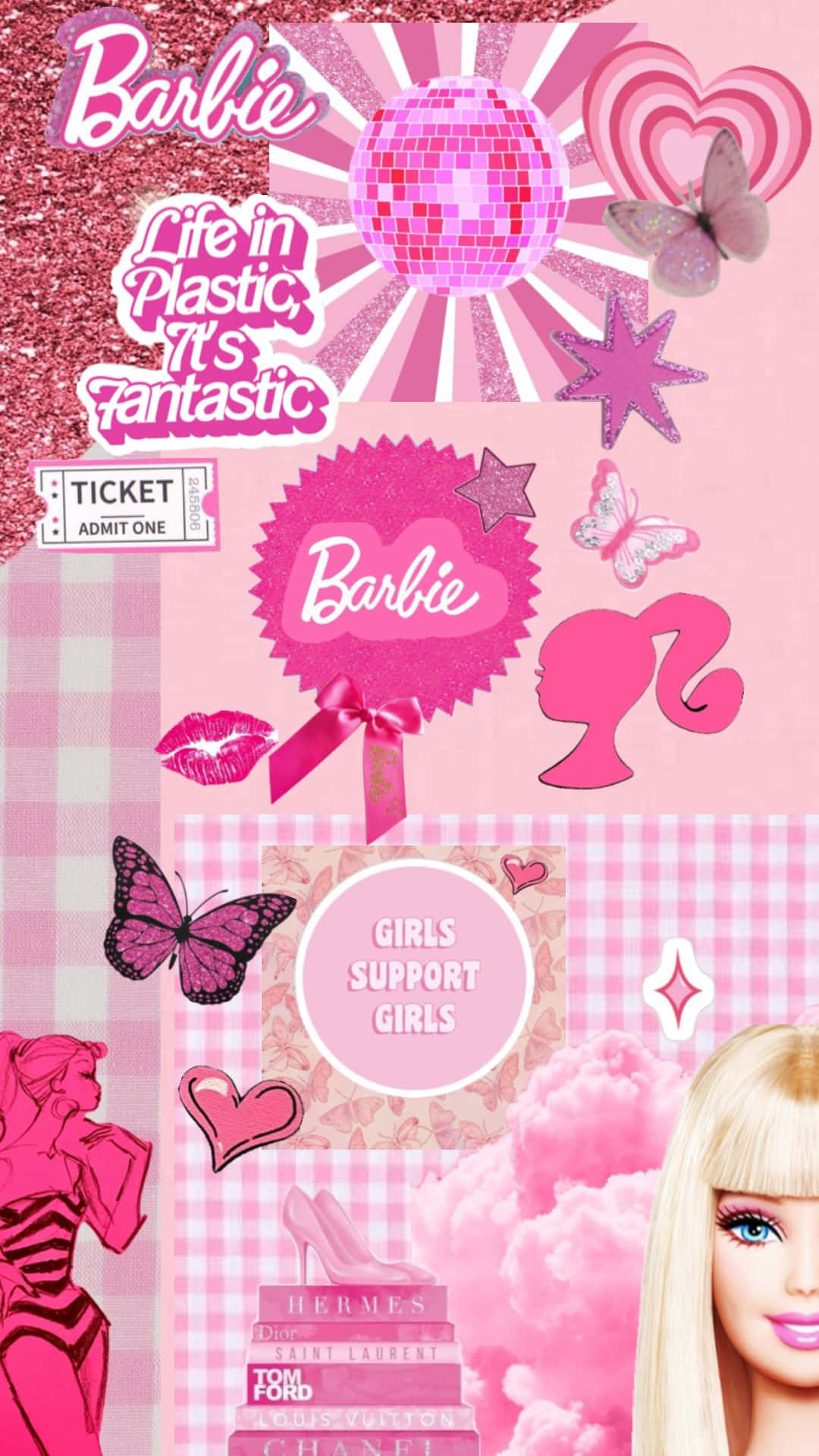 Glitter Barbie Aesthetic 桌布 壁紙 — 一個充滿活力的粉紅色拼貼畫，以芭比品牌、蝴蝶、迪斯科球和奢侈品牌標誌為特色，背景為格子圖案。