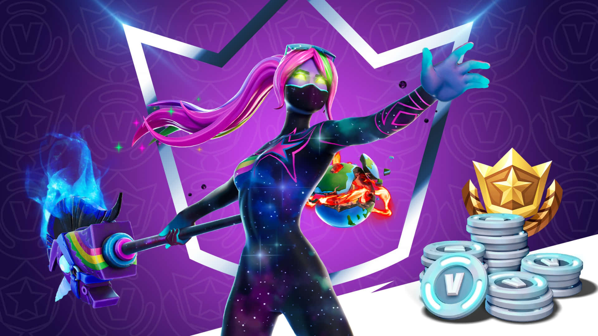  壁紙 — 一個充滿活力的Fortnite角色，粉紅色頭髮，在紫色星空背景下揮舞著發光的錘子，周圍有硬幣和獎盃。