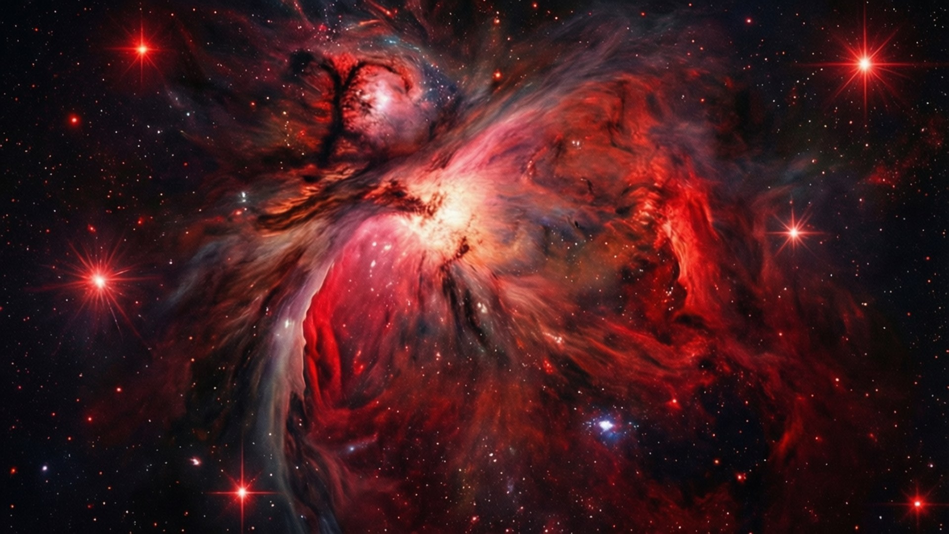 Red and Black Nebula 壁紙 — 一個充滿活力的紅色和橙色星雲，在佈滿明亮紅色星星的星空中，旋轉著發光的氣體和黑暗的塵埃。