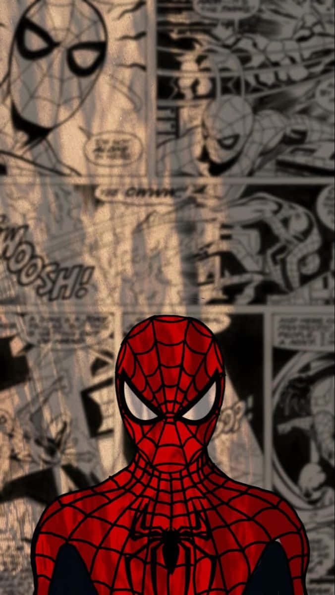 spiderman comics background 壁紙 — 一個充滿活力的紅色蜘蛛人站在中央，背景是充滿動作面板和音效的棕褐色漫畫書頁。