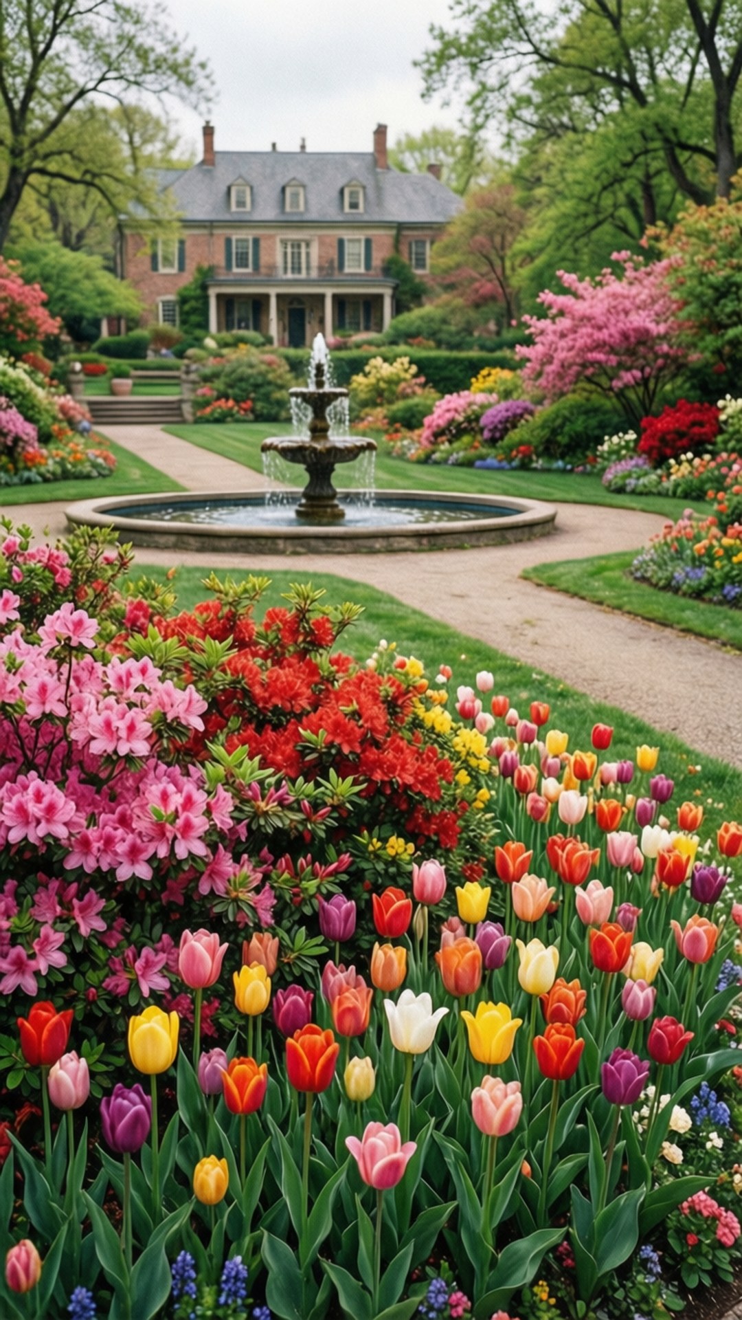 Bellingrath Spring 壁紙 — 一個充滿活力的花園，色彩繽紛的鬱金香和杜鵑花環繞著中央噴泉，背景是一座大房子。