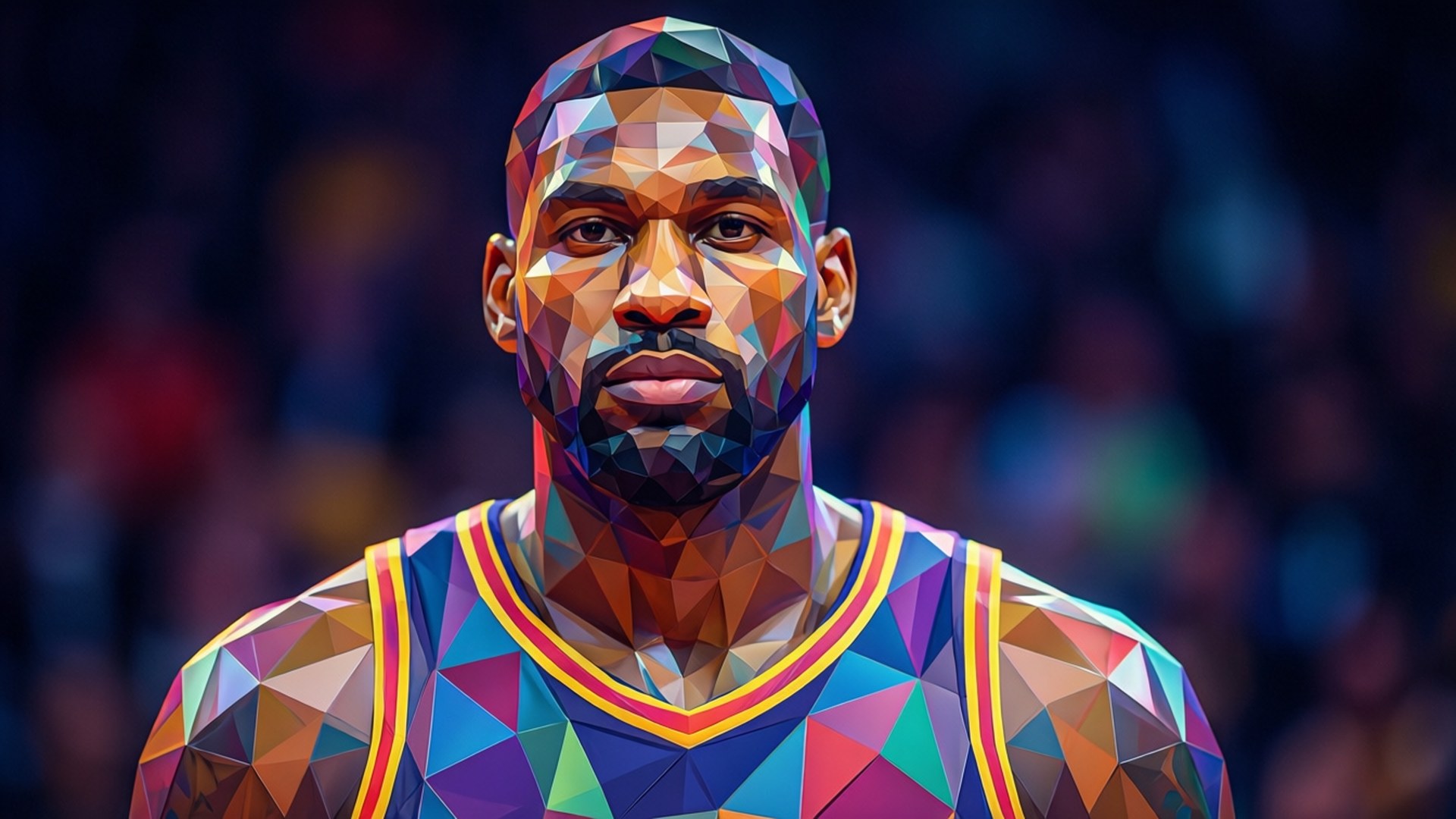 Low Poly Lopez 壁紙 — 一個充滿活力的幾何風格籃球運動員肖像，身穿色彩繽紛的球衣，背景是模糊的球場。