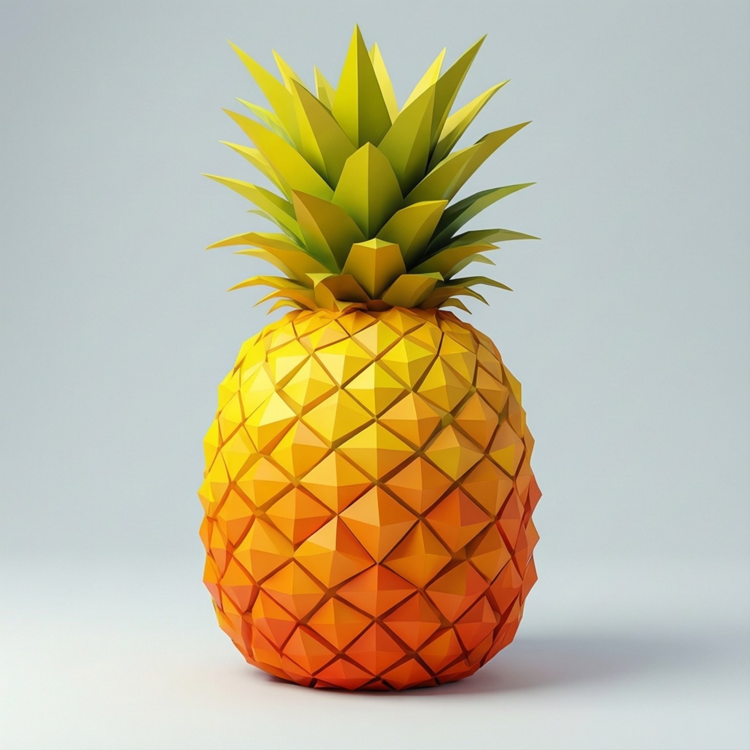 Geometric Low-Poly Pineapple 壁紙 — 一個充滿活力的幾何鳳梨，帶有黃綠色冠和橙黃色身體，立在柔和的灰色背景上。