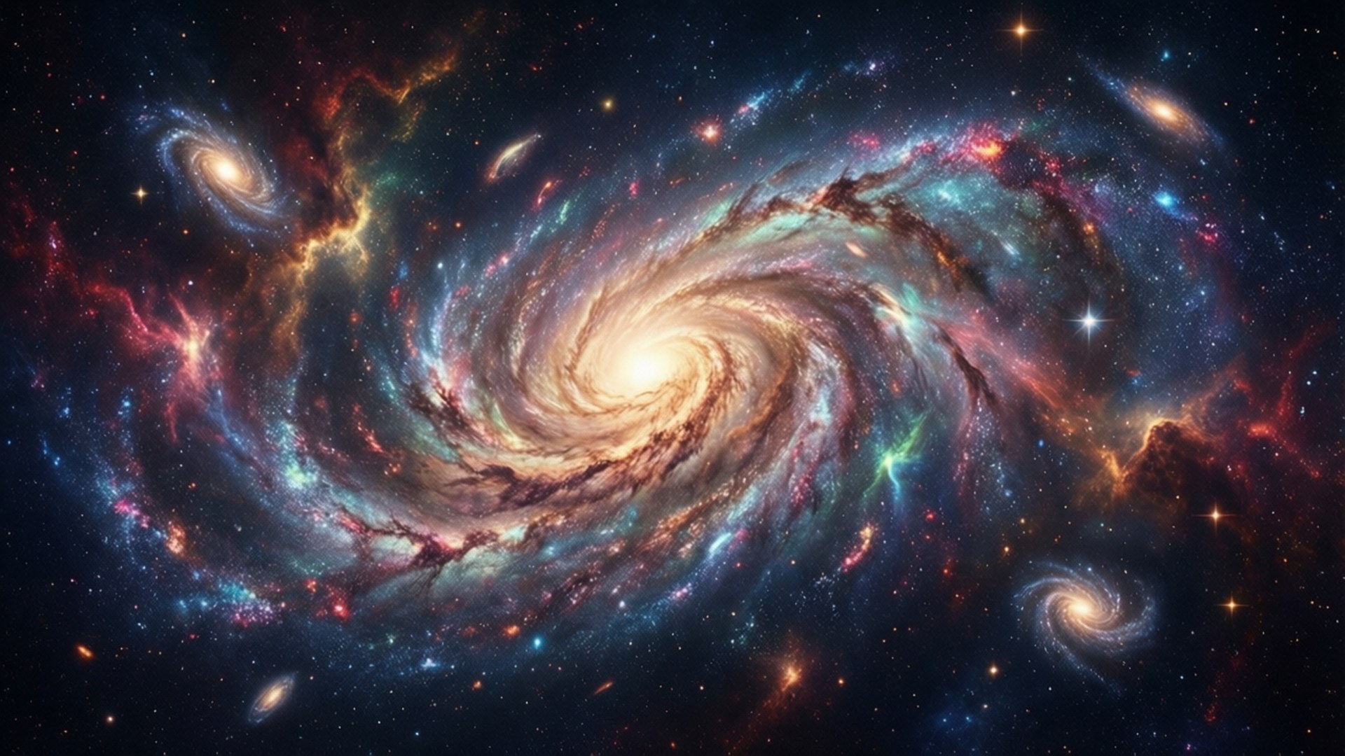 Epic Galaxy Swirl 壁紙 — 一個充滿活力的螺旋星系，其發光的紅色、藍色和金色旋臂在星空背景下旋轉。