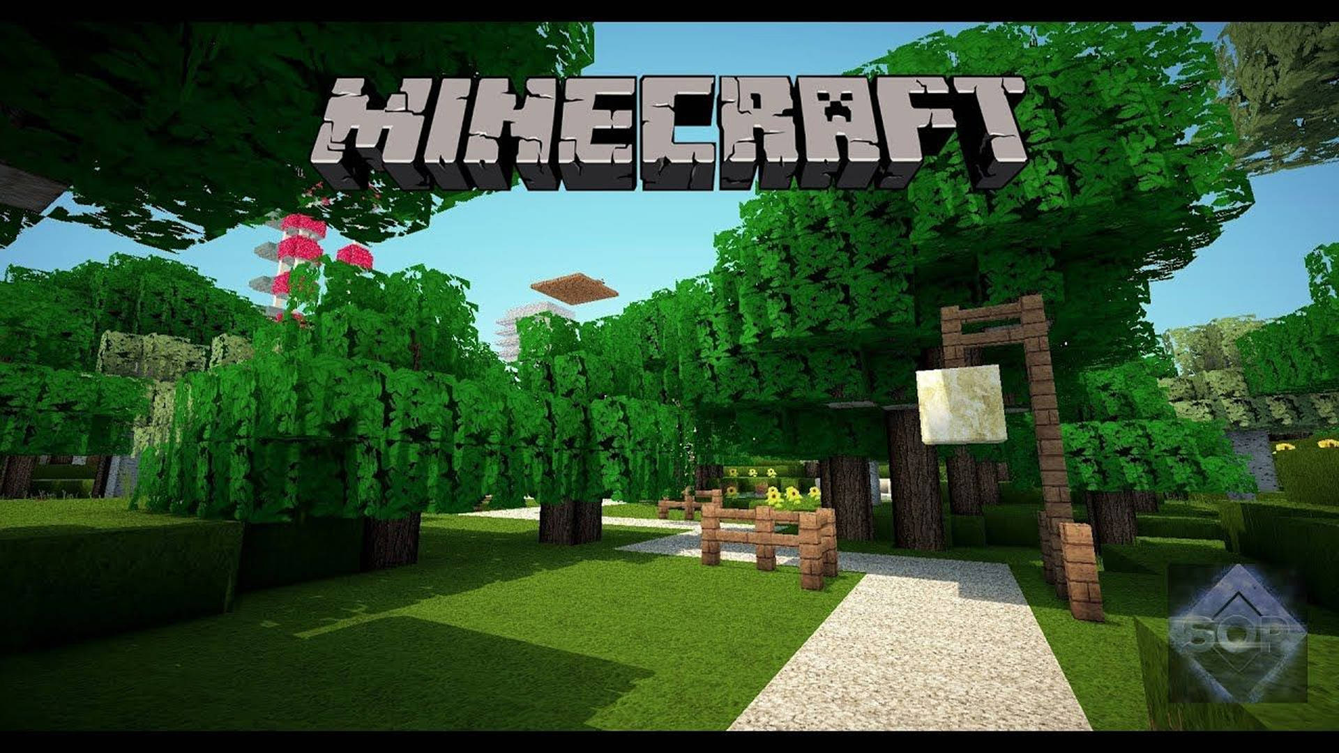 Minecraft森林，方塊樹木，草地，石徑，藍天 — 我的世界 高畫質壁紙 壁紙