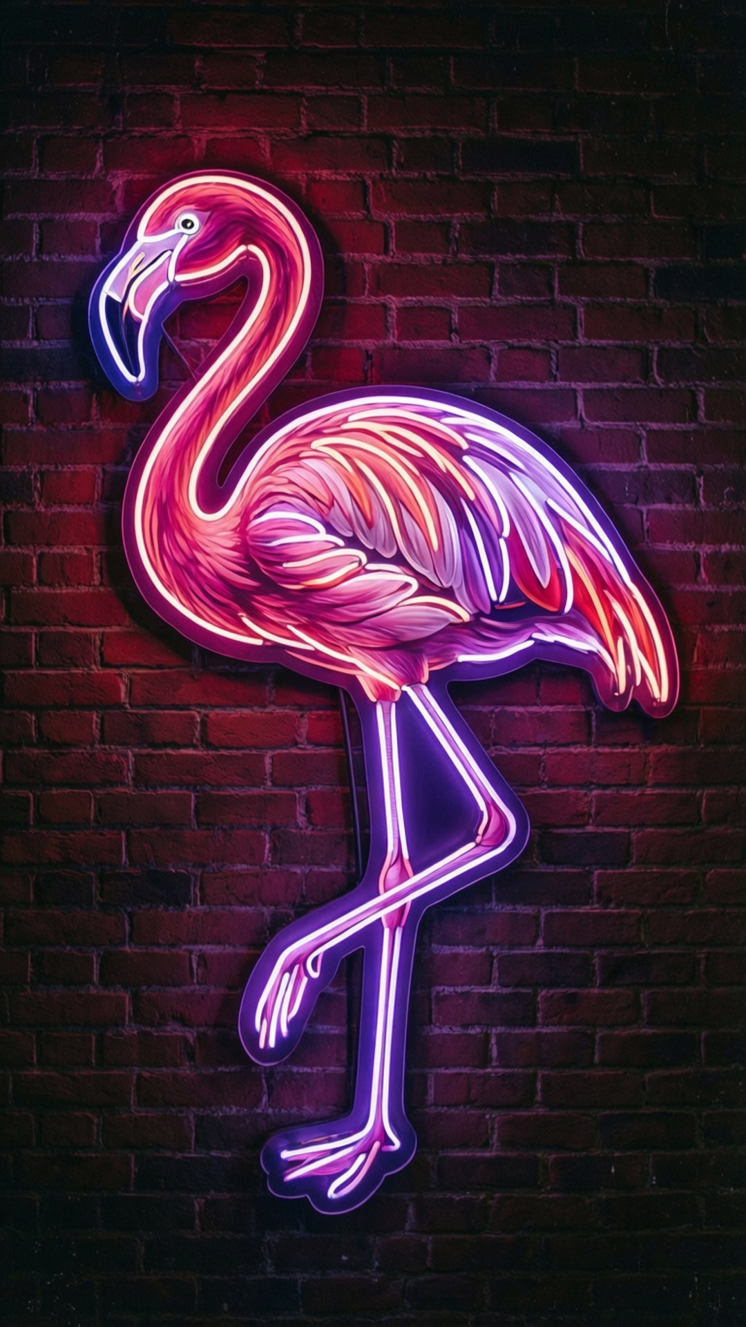 Neon Flamingo 壁紙 — 一個充滿活力的霓虹粉紅和紫色火烈鳥標誌在深紅色磚牆上發光。