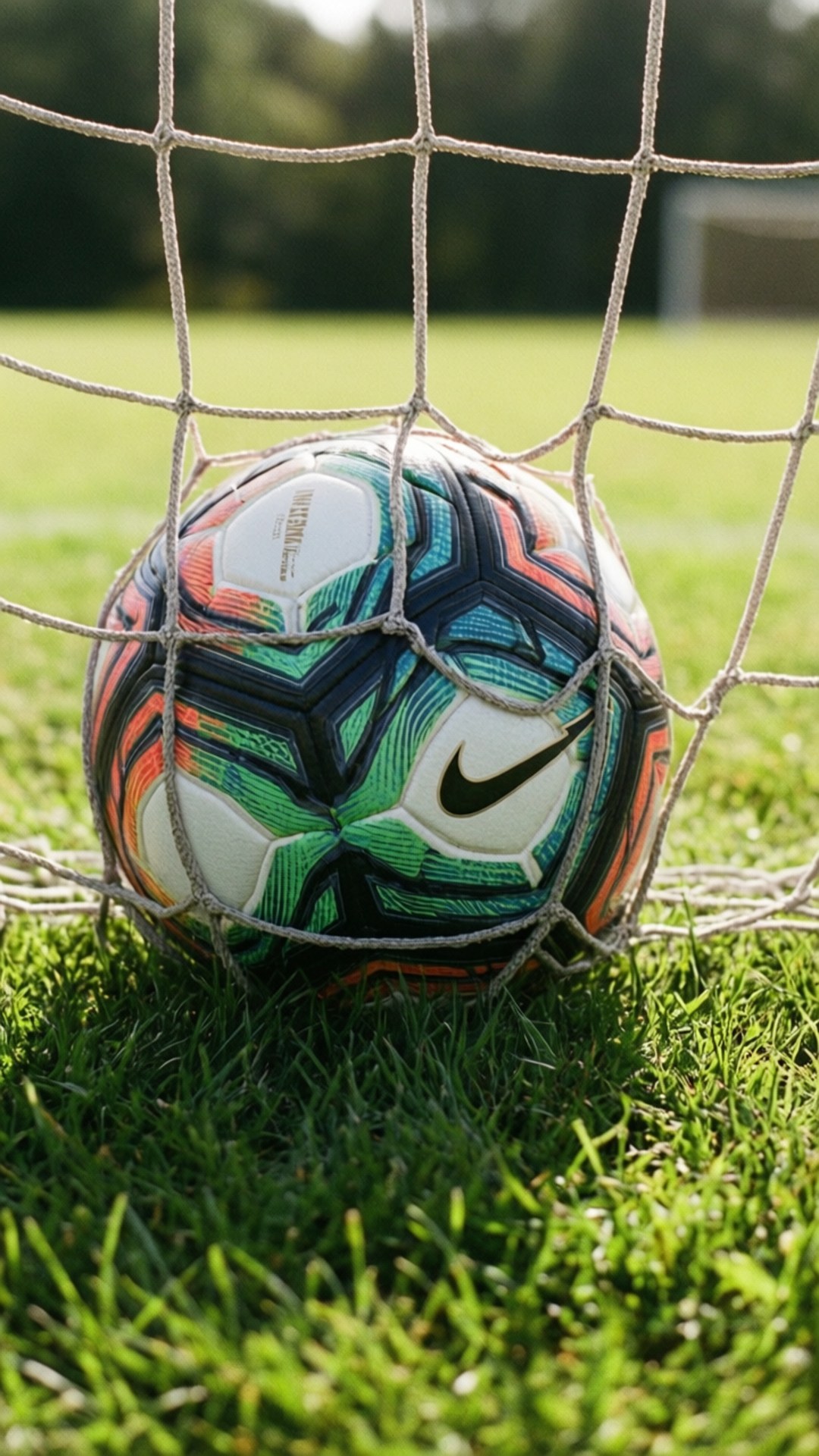 Nike Soccer Net 壁紙 — 一個充滿活力的Nike足球放在茂密綠草上的網中，在明亮的陽光下。