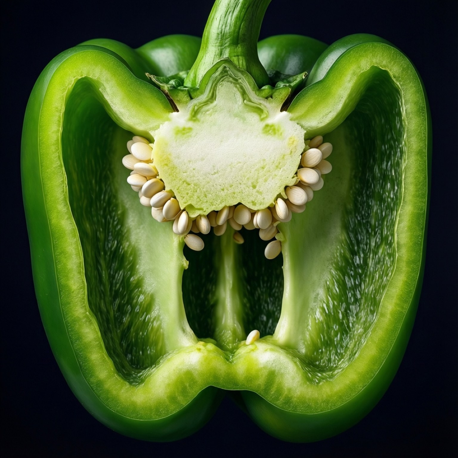 Pepper Cross Section 壁紙 — 一個充滿活力的青椒切成兩半，露出其蒼白的種子和多汁的內部，背景為深色。