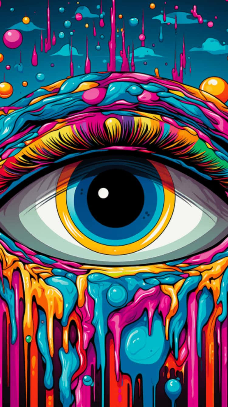  壁紙 — 一個充滿活力的數位眼睛，彩虹顏料從眼瞼滴落到宇宙背景上。