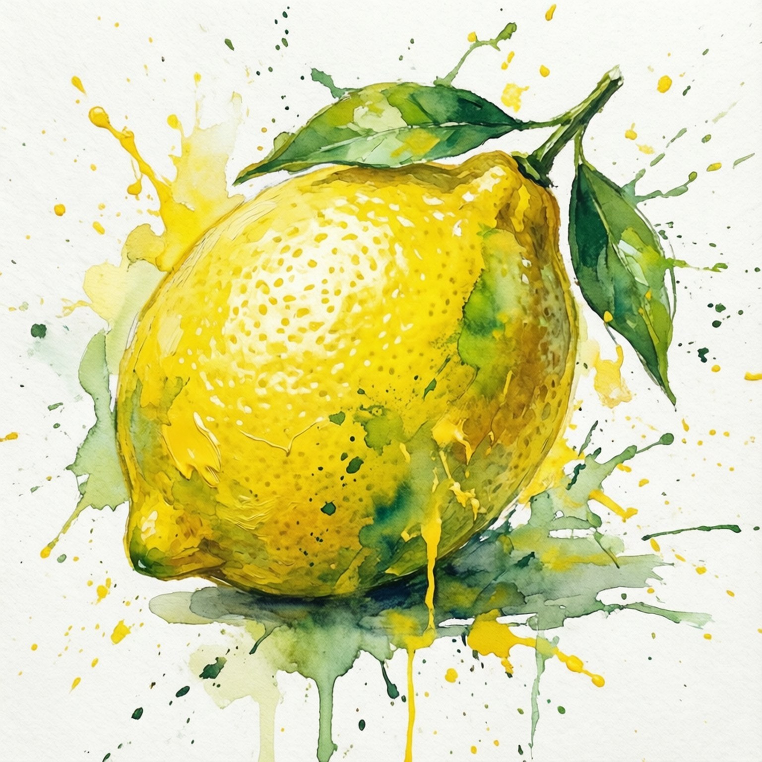 Watercolor Lemon Art 壁紙 — 一個充滿活力的水彩檸檬，帶有綠色葉子，在白色背景上爆發出黃色和綠色的飛濺。