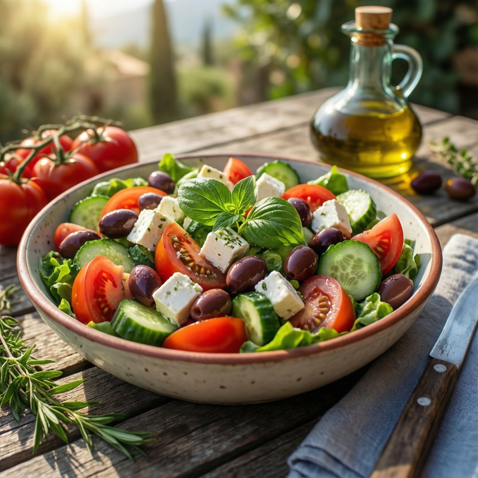 Traditional Greek Salad 壁紙 — 一個充滿活力的希臘沙拉，有番茄、小黃瓜、橄欖、菲達起司和羅勒，放在陶瓷碗中，置於鄉村風格的木桌上，旁邊有橄欖油和新鮮香草。