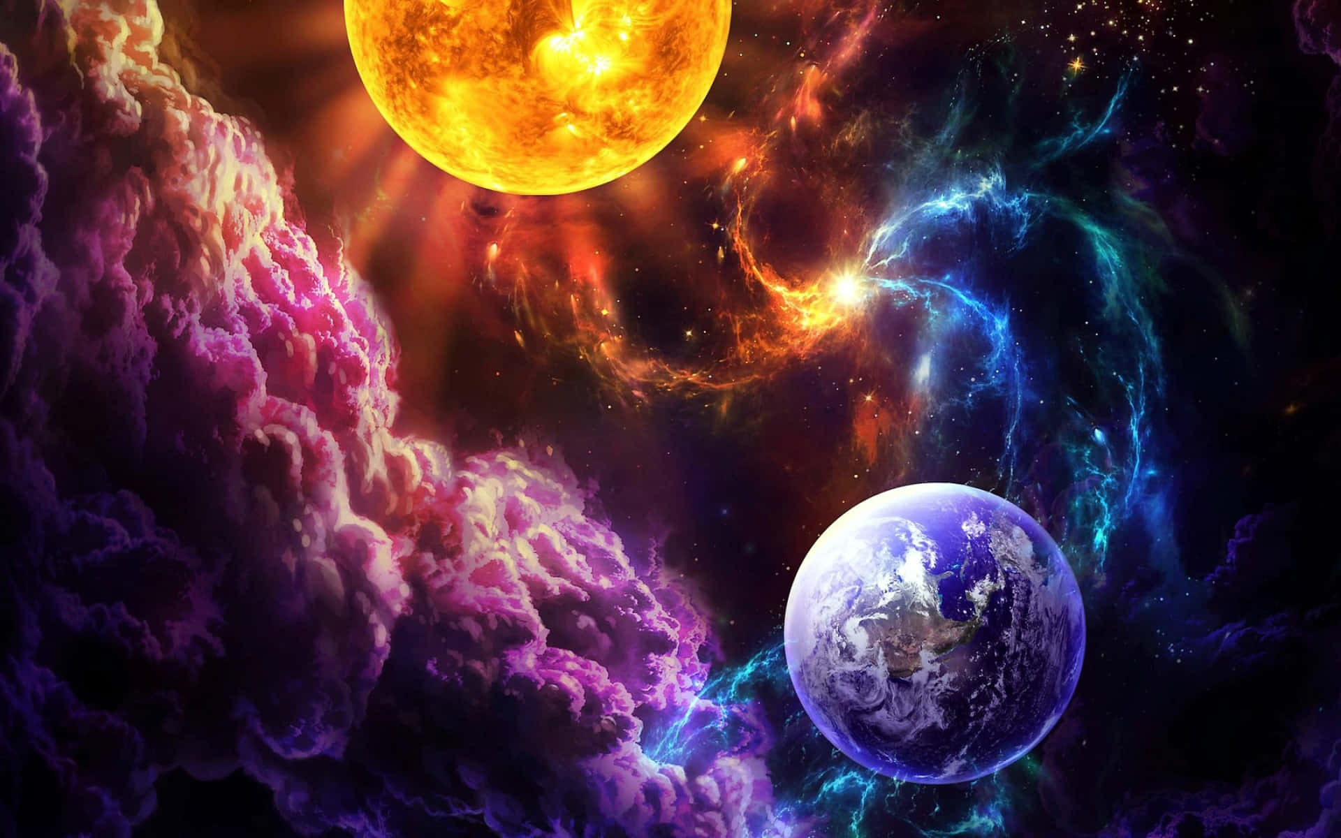  壁紙 — 一個充滿活力的宇宙場景，有發光的太陽、紫色和藍色的旋轉星雲，以及地球漂浮在繁星點點的太空中。