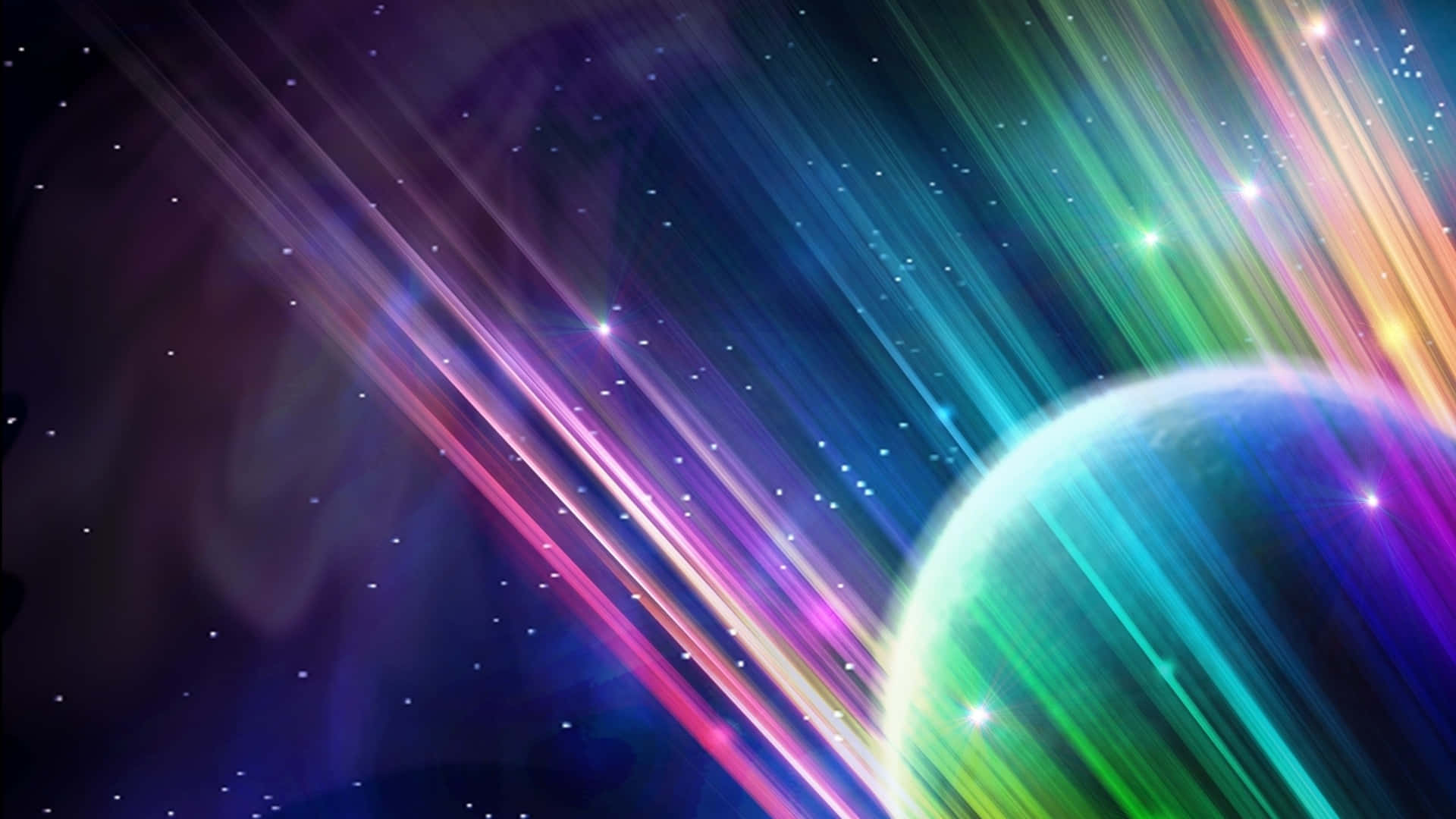  壁紙 — 一個充滿活力的宇宙場景，有一顆發光的行星和橫跨星雲的彩虹光束。