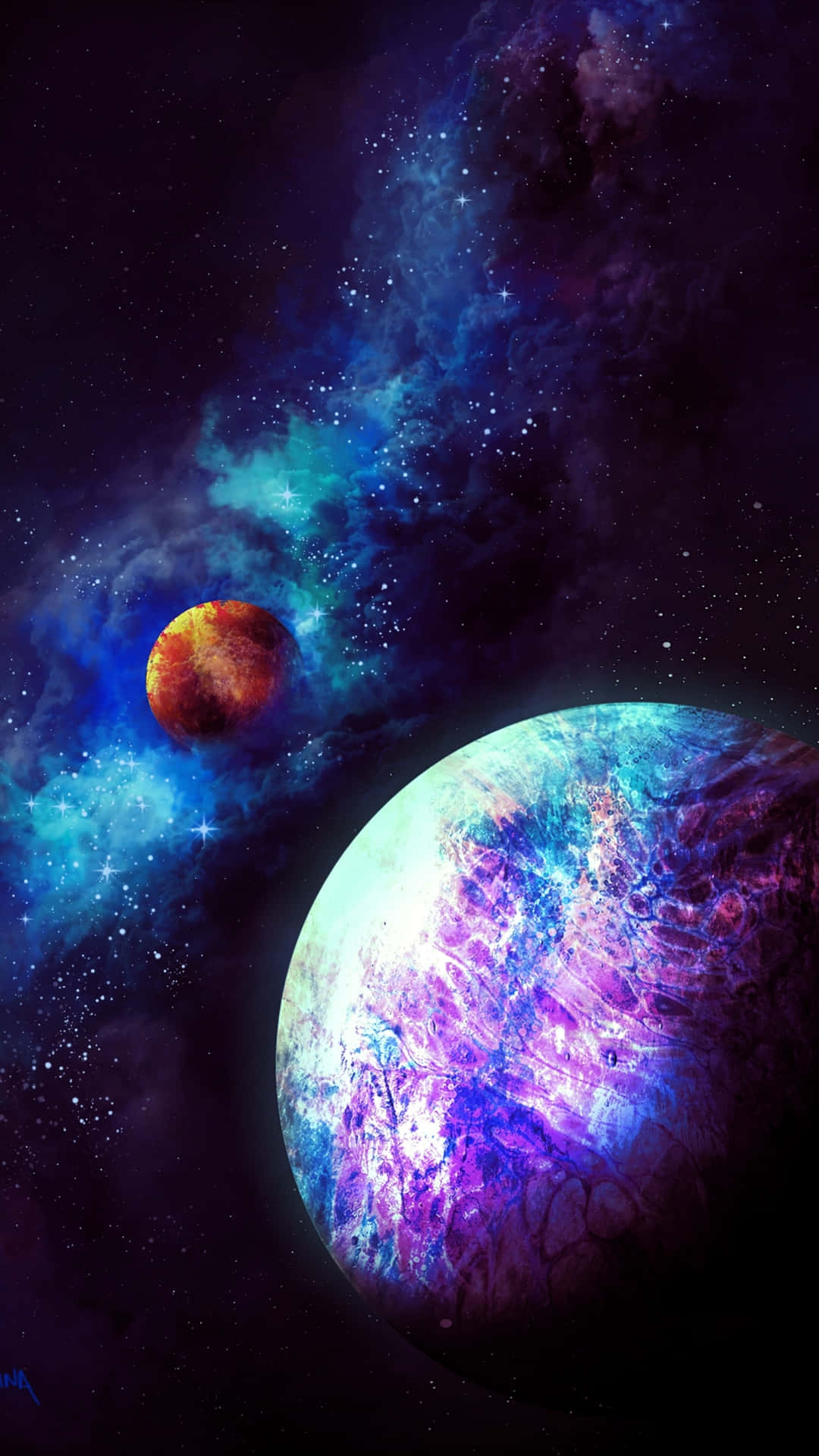  壁紙 — 一個充滿活力的宇宙場景，在深邃的太空中，兩顆發光的行星位於旋轉的星雲和閃爍的星星之間。