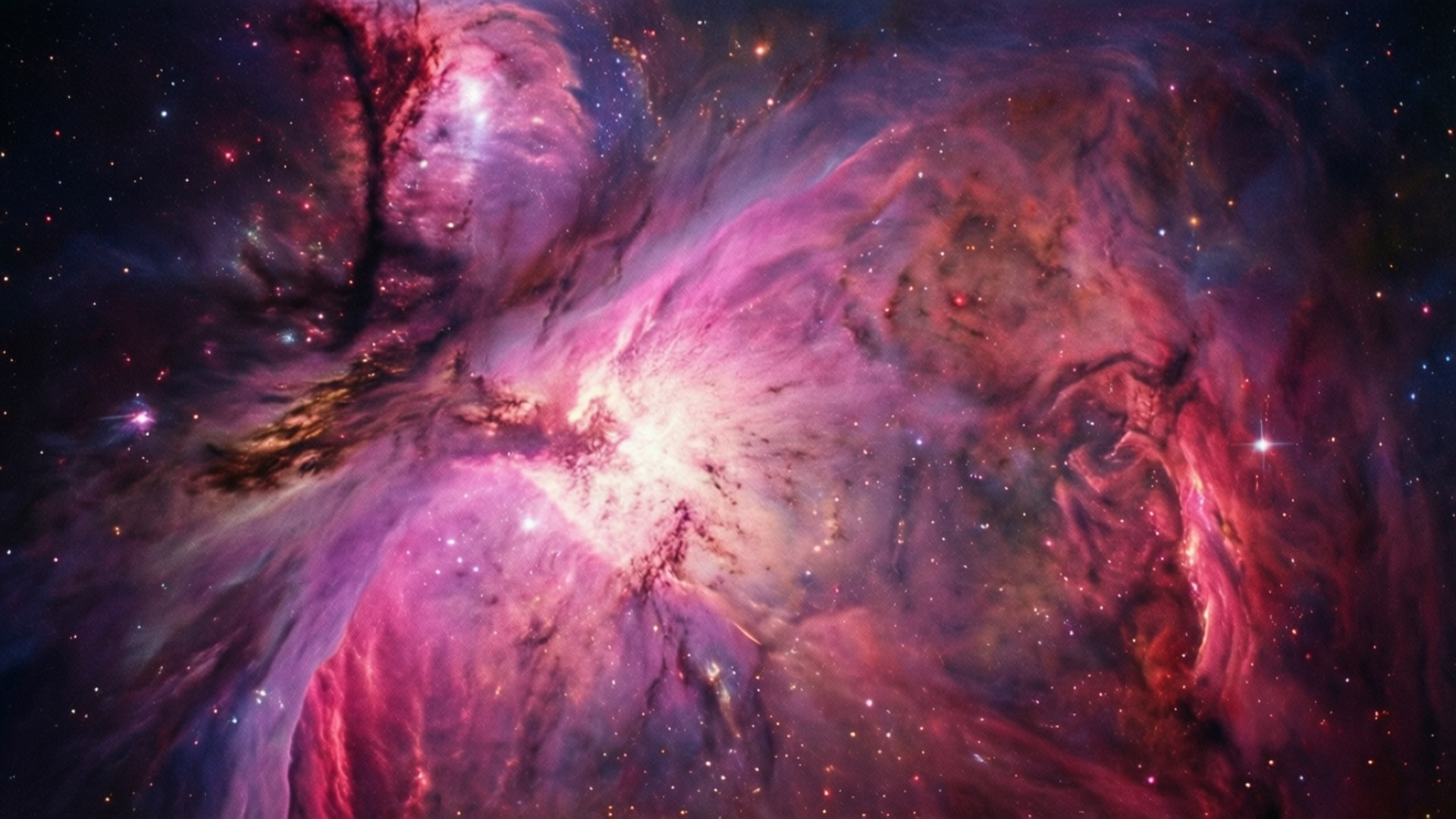 桌布 壁紙 — 一個充滿活力的宇宙星雲，在黑暗的星場中，由明亮的星星照亮，旋轉著粉紅色、紫色和紅色的氣體。