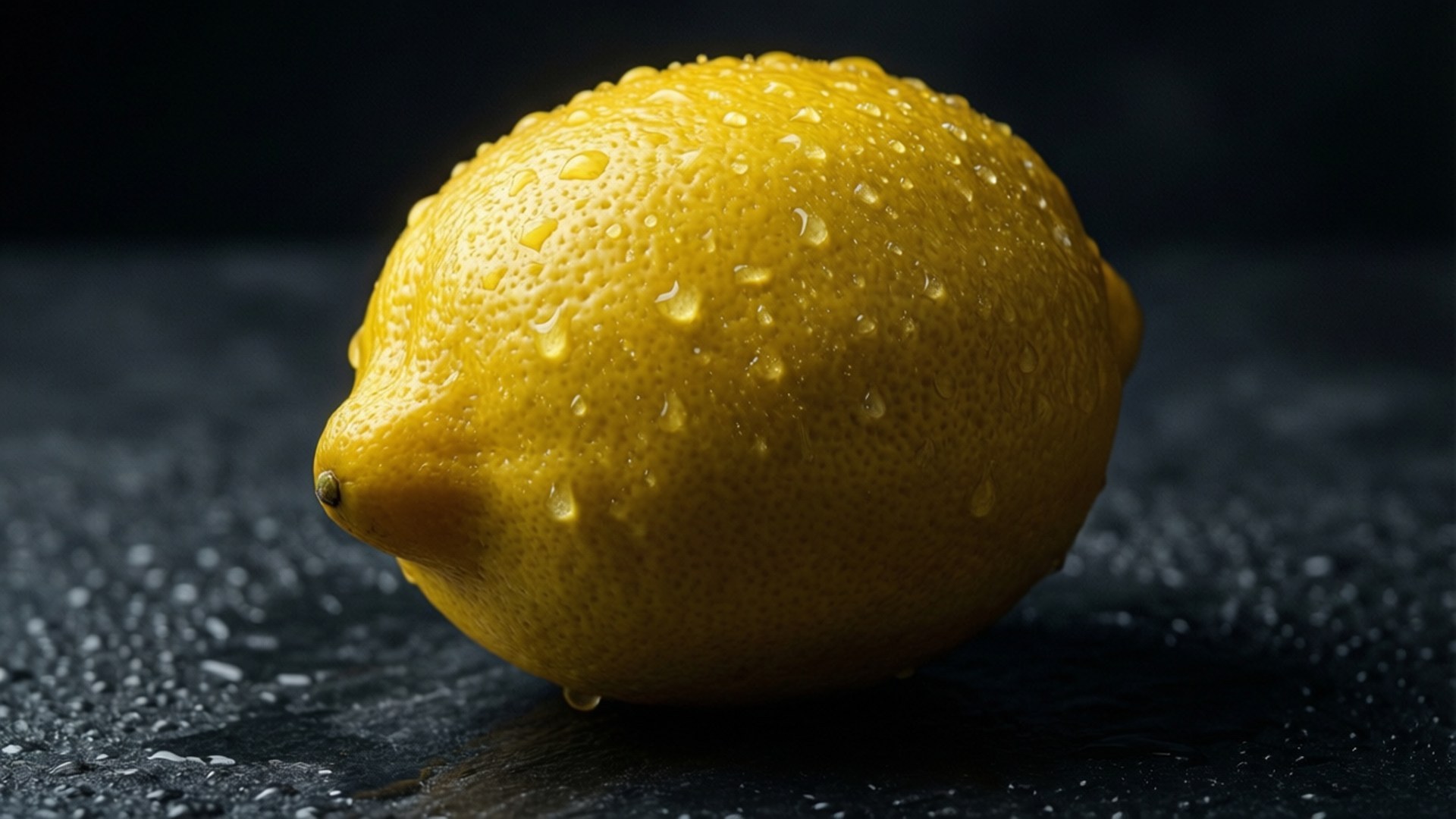 Moody Lemon on Slate 壁紙 — 一個充滿活力的黃色檸檬在深色紋理表面上閃爍著水滴。