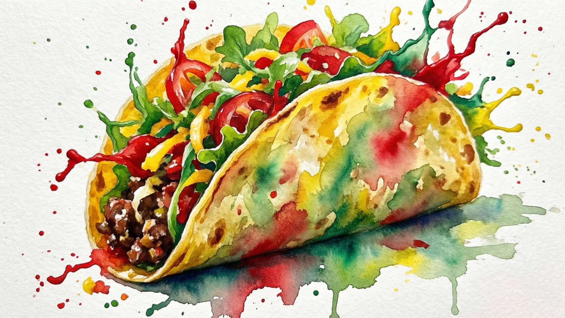 Watercolor Taco Splash 壁紙 — 一個充滿活力的水彩墨西哥捲餅，上面有色彩繽紛的配料和飛濺的醬汁，背景為白色。
