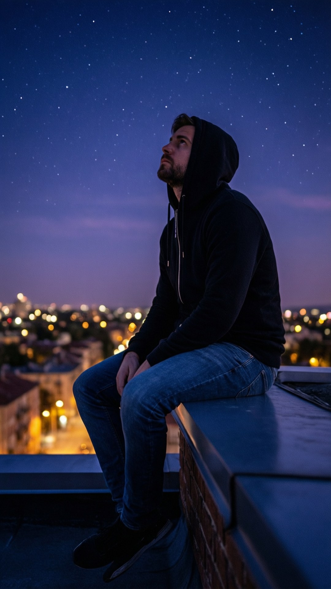 Rooftop Contemplation 壁紙 — 一個穿著黑色連帽衫的男人坐在屋頂邊緣，仰望繁星點點的夜空，下方是閃爍的城市天際線。