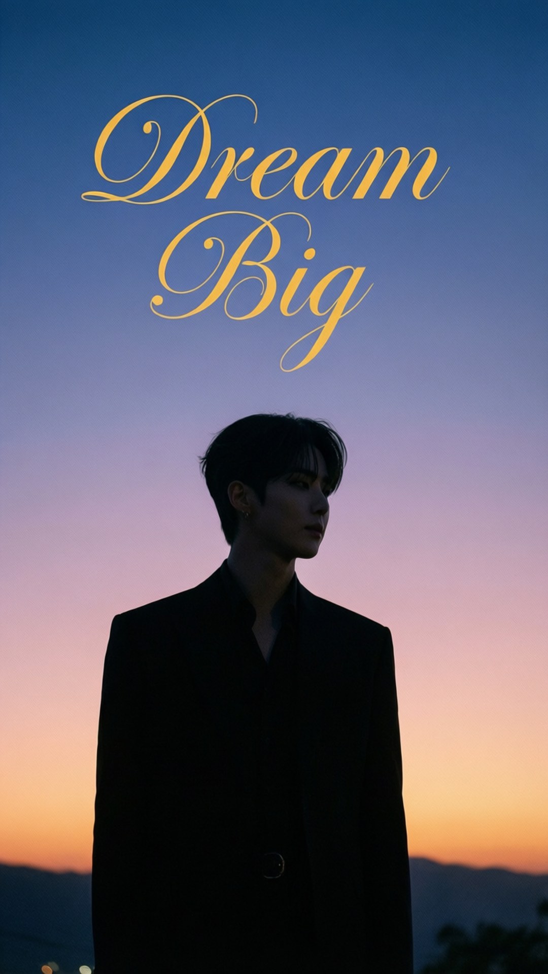 Dream Big Quote 壁紙 — 一個穿著黑色外套的男人剪影站在暮色天空下，金色草書文字寫著Dream Big。