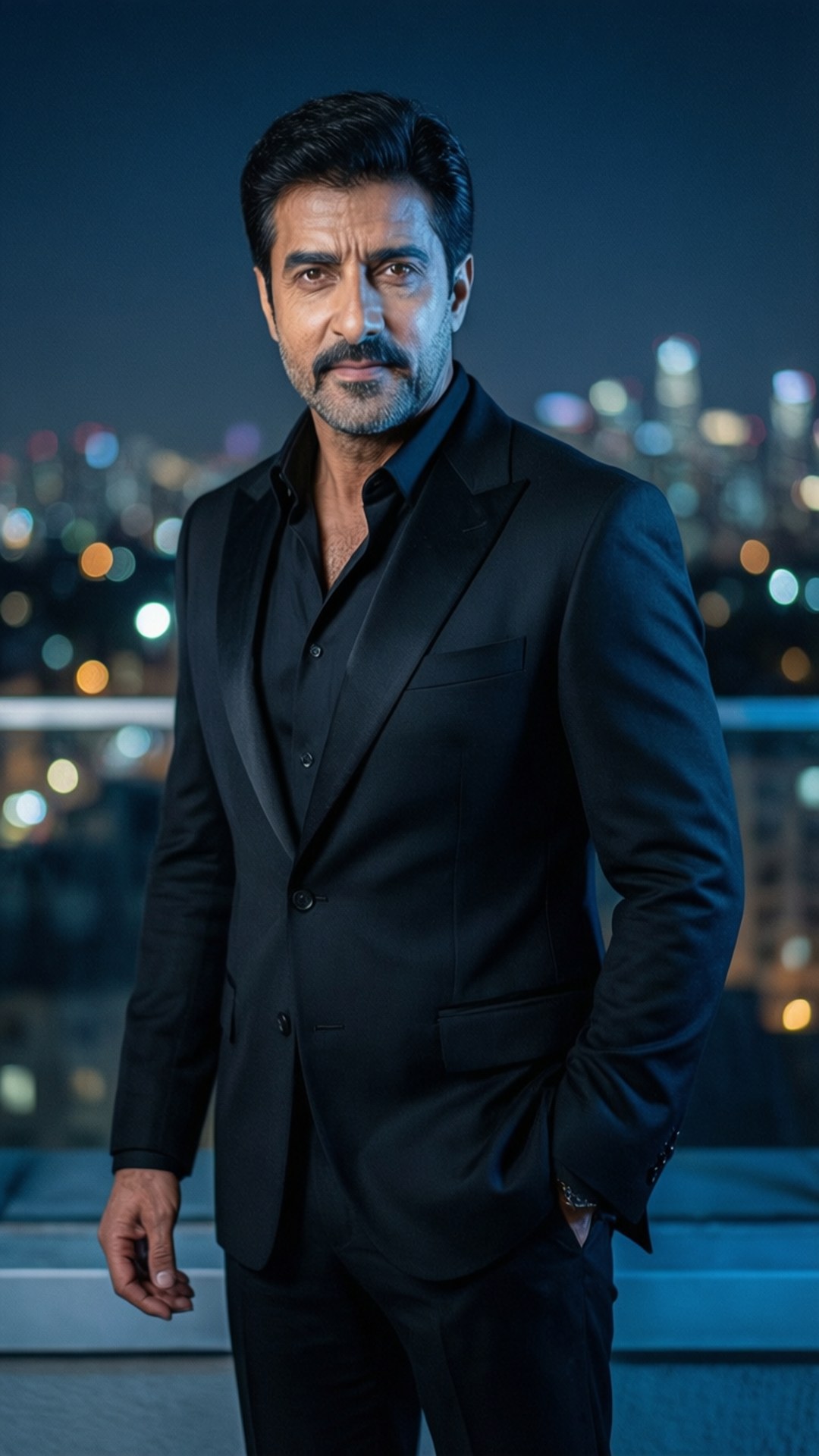 Bollywood Heartthrob in Suit 壁紙 — 一個穿著黑色西裝的男人自信地站在屋頂上，背後是夜晚模糊發光的城市天際線。