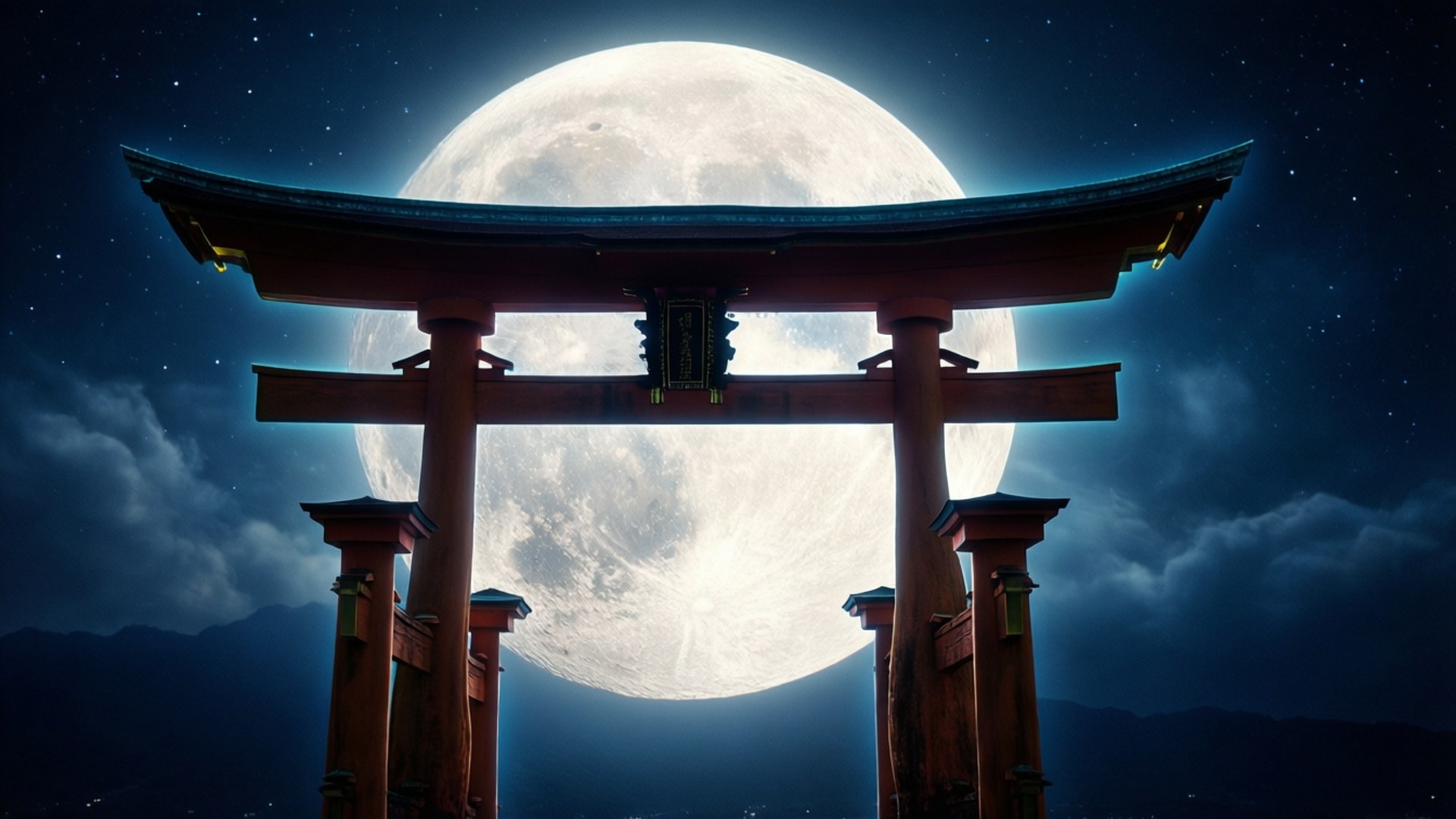 Moonlit Torii Gate 壁紙 — 一個傳統的木製鳥居在繁星點點的夜空下，以巨大的滿月為背景形成剪影。