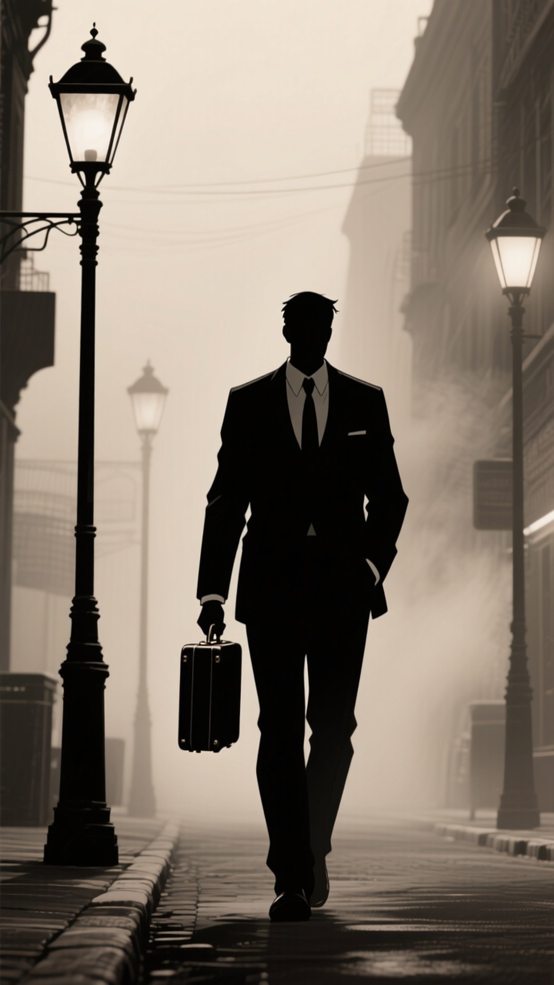 Foggy Suit Noir 壁紙 — 一個穿西裝的剪影男子，在霧氣瀰漫的街道上，提著手提箱，走在復古路燈下。