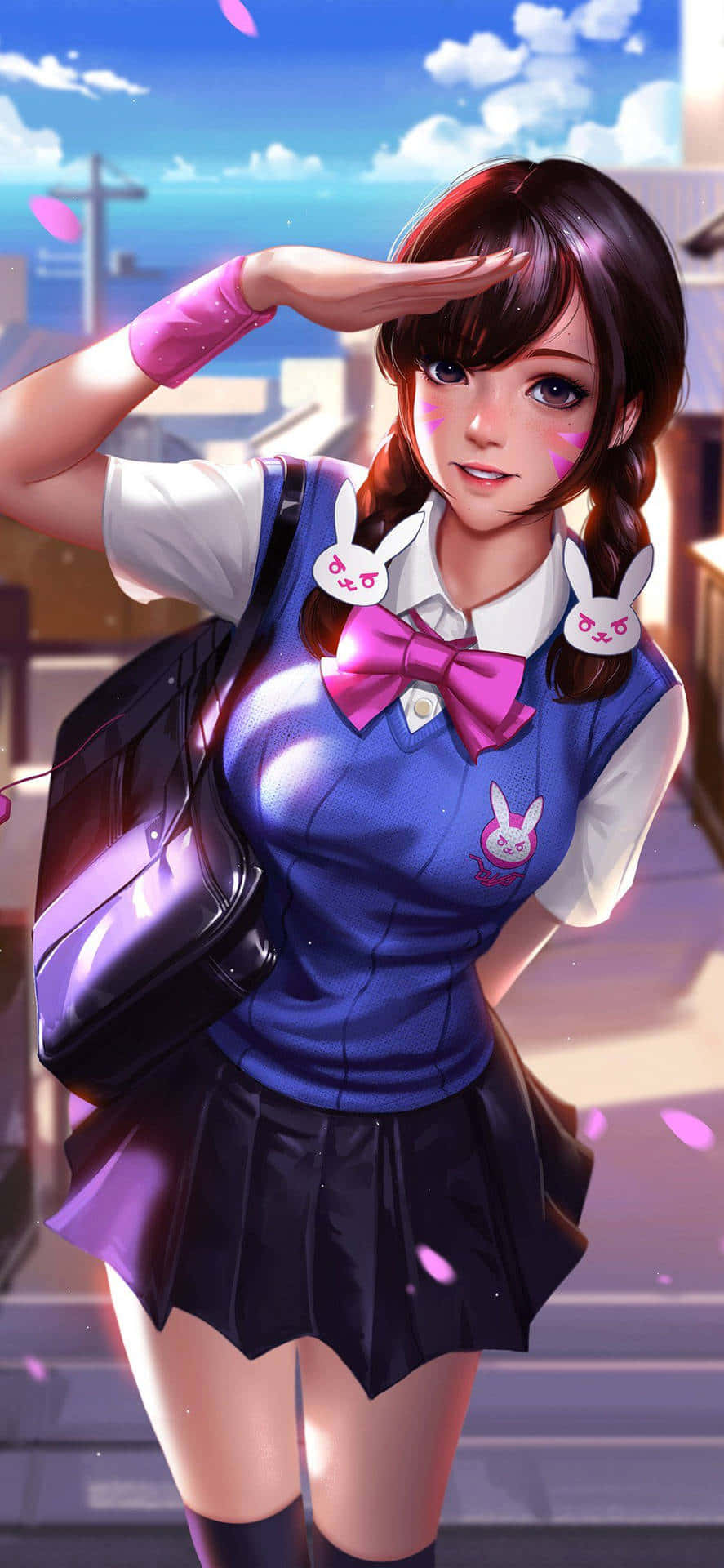  壁紙 — 一個穿著帶有兔子圖案的藍色校服、開朗的動漫女孩，在晴朗的天空下，粉紅色花瓣飄落中敬禮。
